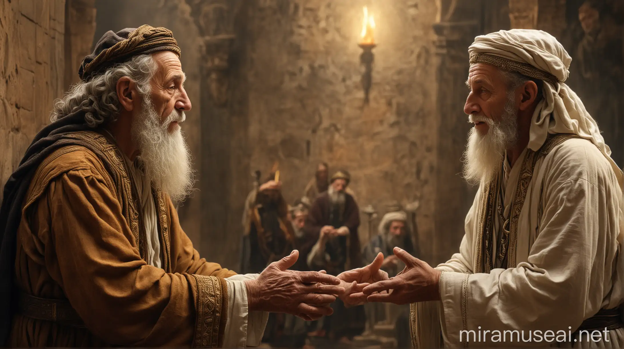 A old Jewish man talk with a young Jewish high priest in ancient world 