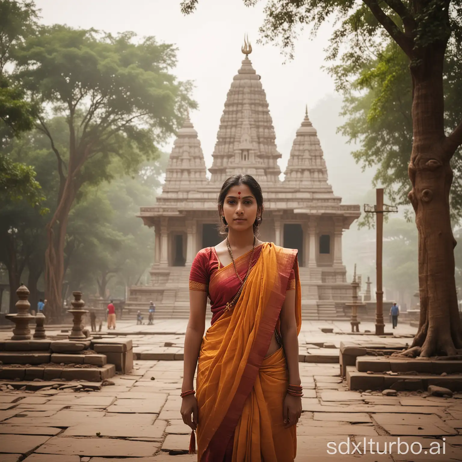 A serene and tranquil scene featuring the Sharda Maa temple in India with a soft, out-of-focus background. The image is taken from shoulder level height, with a person in the foreground looking at the temple. The background should be subtly blurred to create a depth-of-field effect, emphasizing the temple's structure and beauty. The atmosphere is peaceful and spiritual, highlighting the temple's sacred and serene environment.