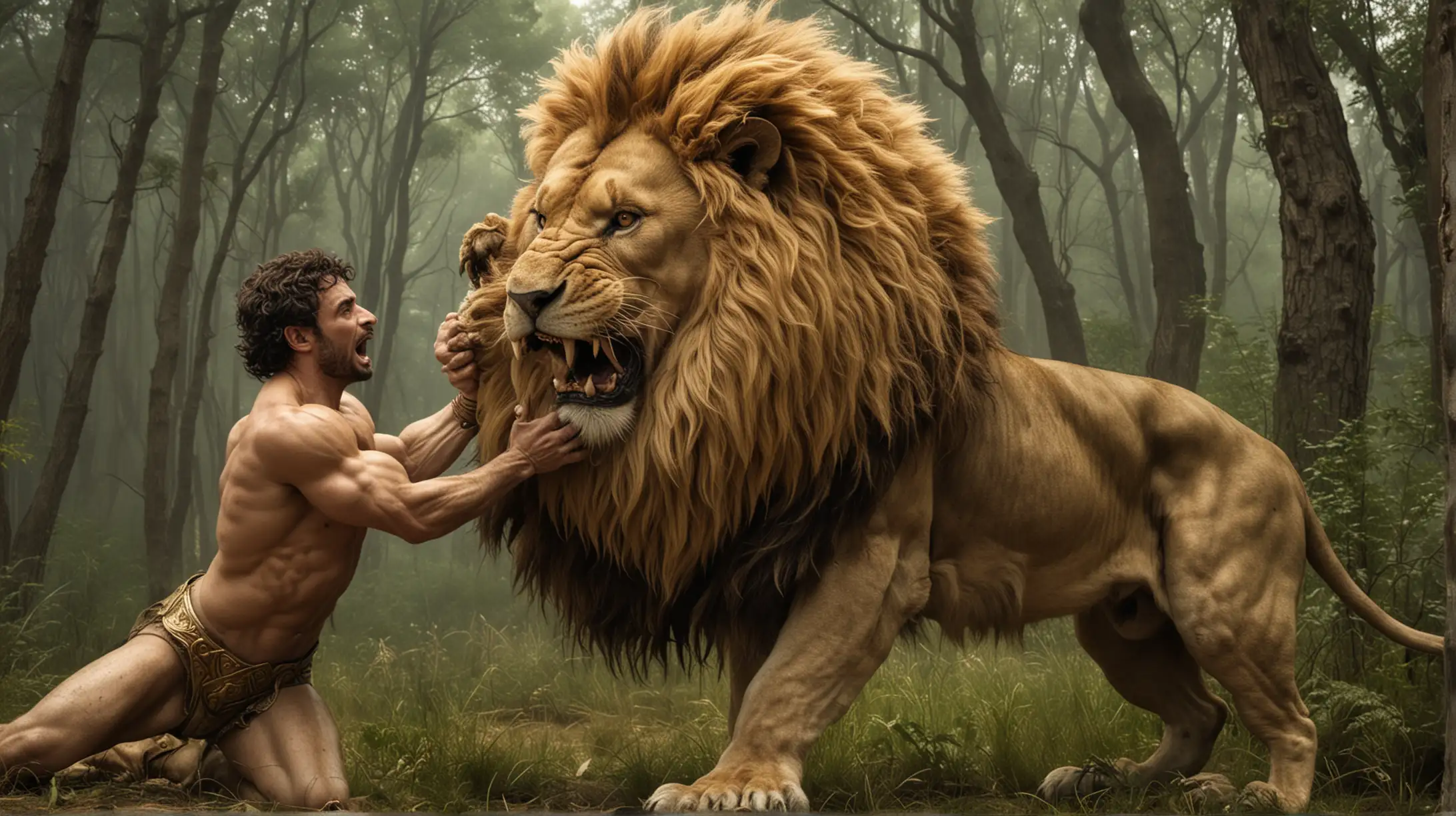 Gera Hero Strangling Lion: A muscular Greek hero, Gera, wrestles a gigantic lion with golden fur, his powerful hands gripping the lion’s neck in a forest clearing.