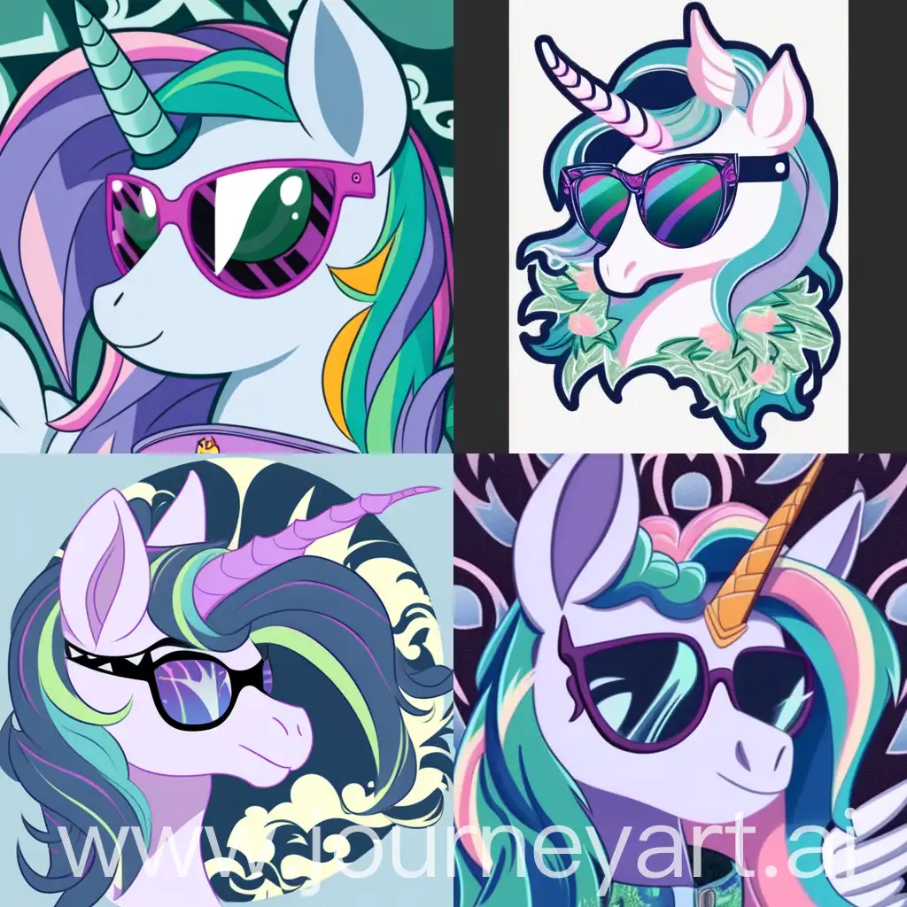 A serious female alicorn unicorn, Princess Celestia from My Little Pony, is depicted wearing a dark hoodie and sunglasses with tinted lenses that glow with the sunlight. Celestia's mane flows in a wavy pattern of pastel colors, with shades of blue, green, and pink blending into each other. She is looking at something out of the frame with a displeased expression. The setting is an urban environment with multi-story buildings, snow on the ground, and a clear winter day. In her outstretched magical aura, there is a smartphone with a snowflake logo on its back.