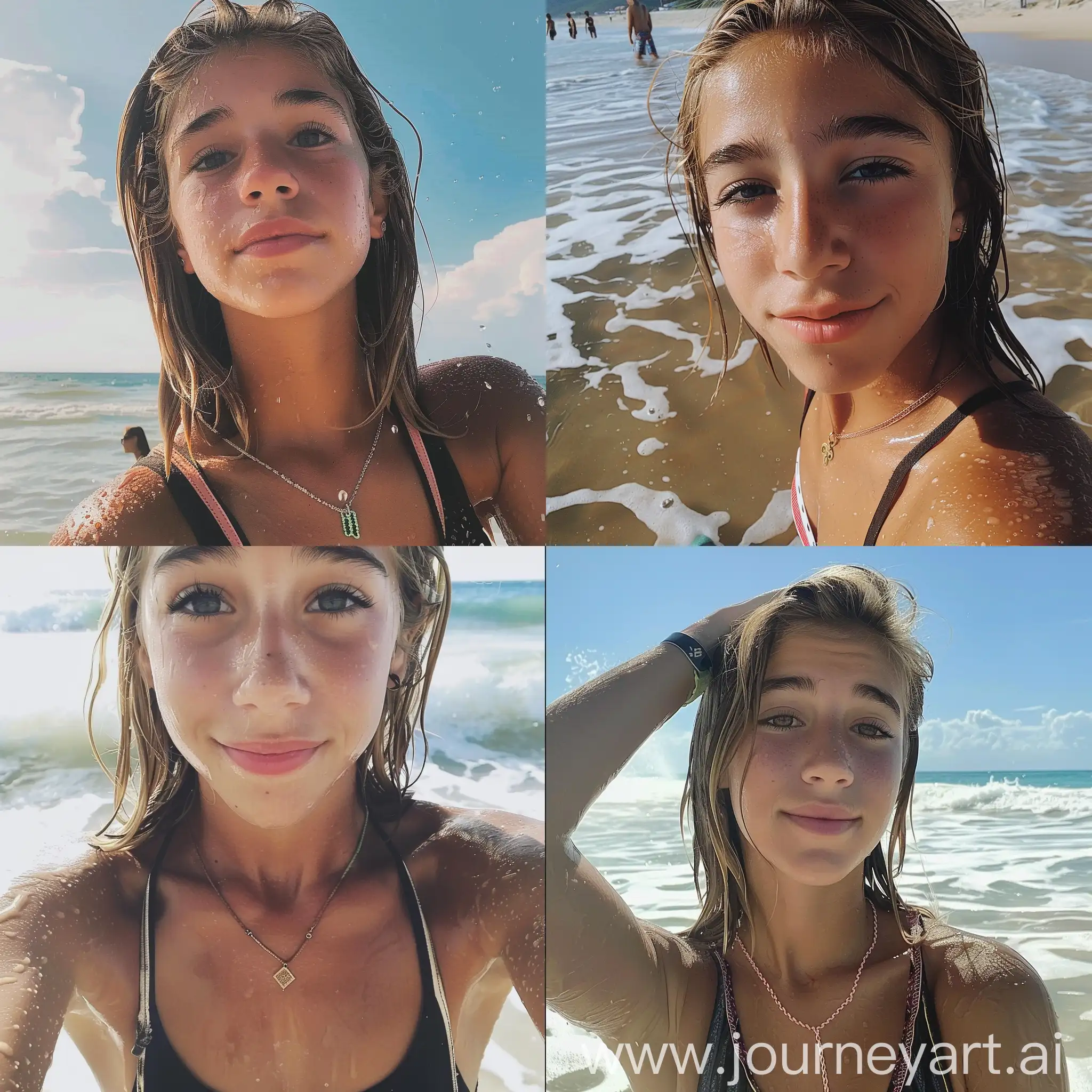 Aesthetic Instagram selfie of a VSCO girl after the beach, wet hair