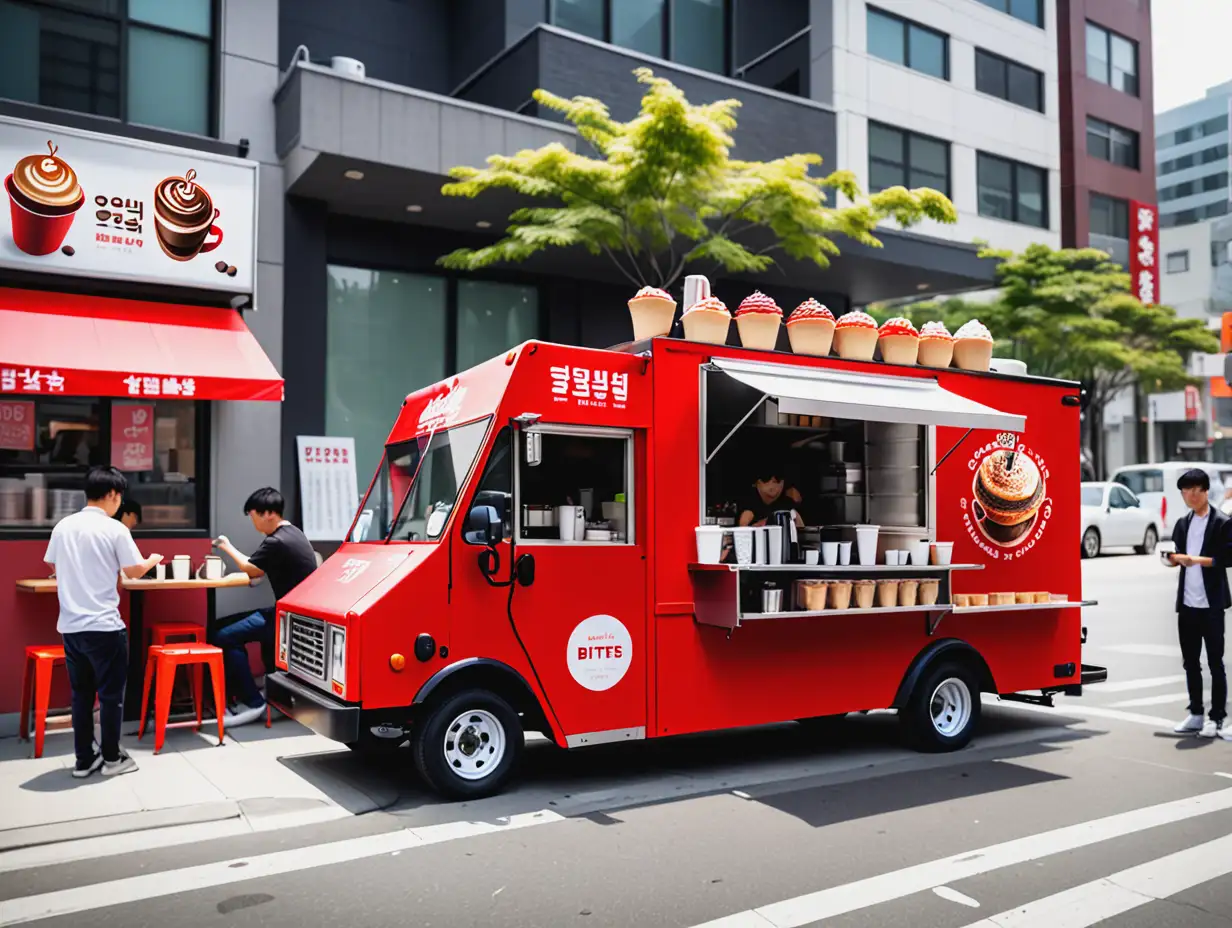 A red food truck offering coffee and quick bites operates on a busy street, showcasing a mobile business model that serves on-the-go customers in a Korean-speaking community.