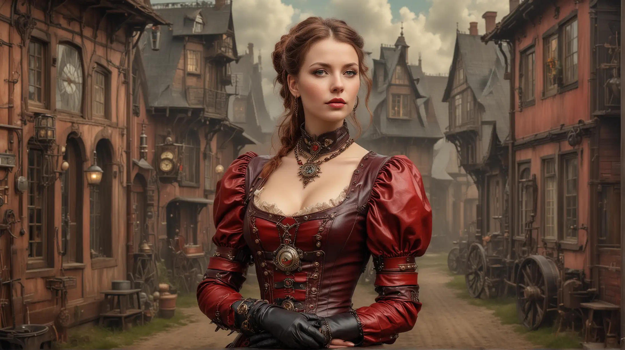 Steampunk Noble Woman in Leather Bloodred Dress at Her Steampunk House