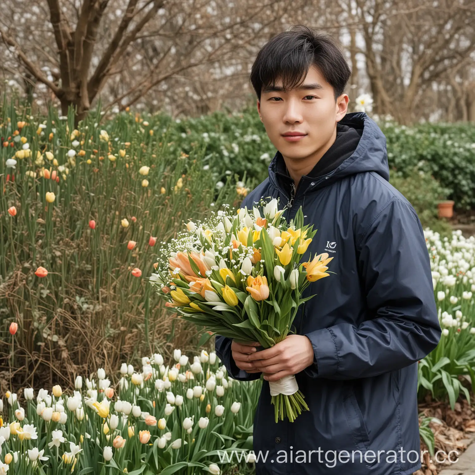 молодой кореец дарит цветы: лилии, тюльпаны, ландыши