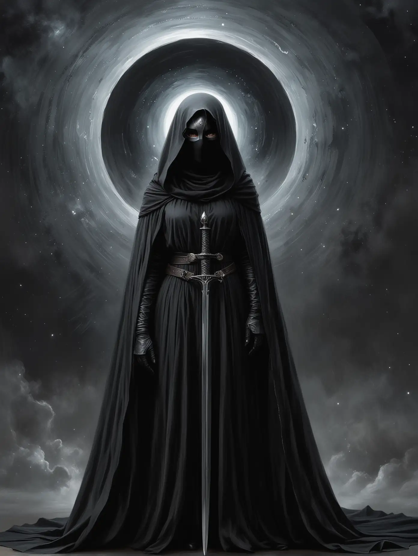 Космос. Сестра Гессерит стоит в черном плаще в полный рост на краю черной дыры. За головой вертикальный диск черной дыры. Металлическая черная маска закрывает лицо. на голове черный меч. 