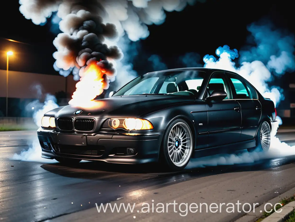 BMW-E39-Burnout-Nighttime-Asphalt-Smoke-Show