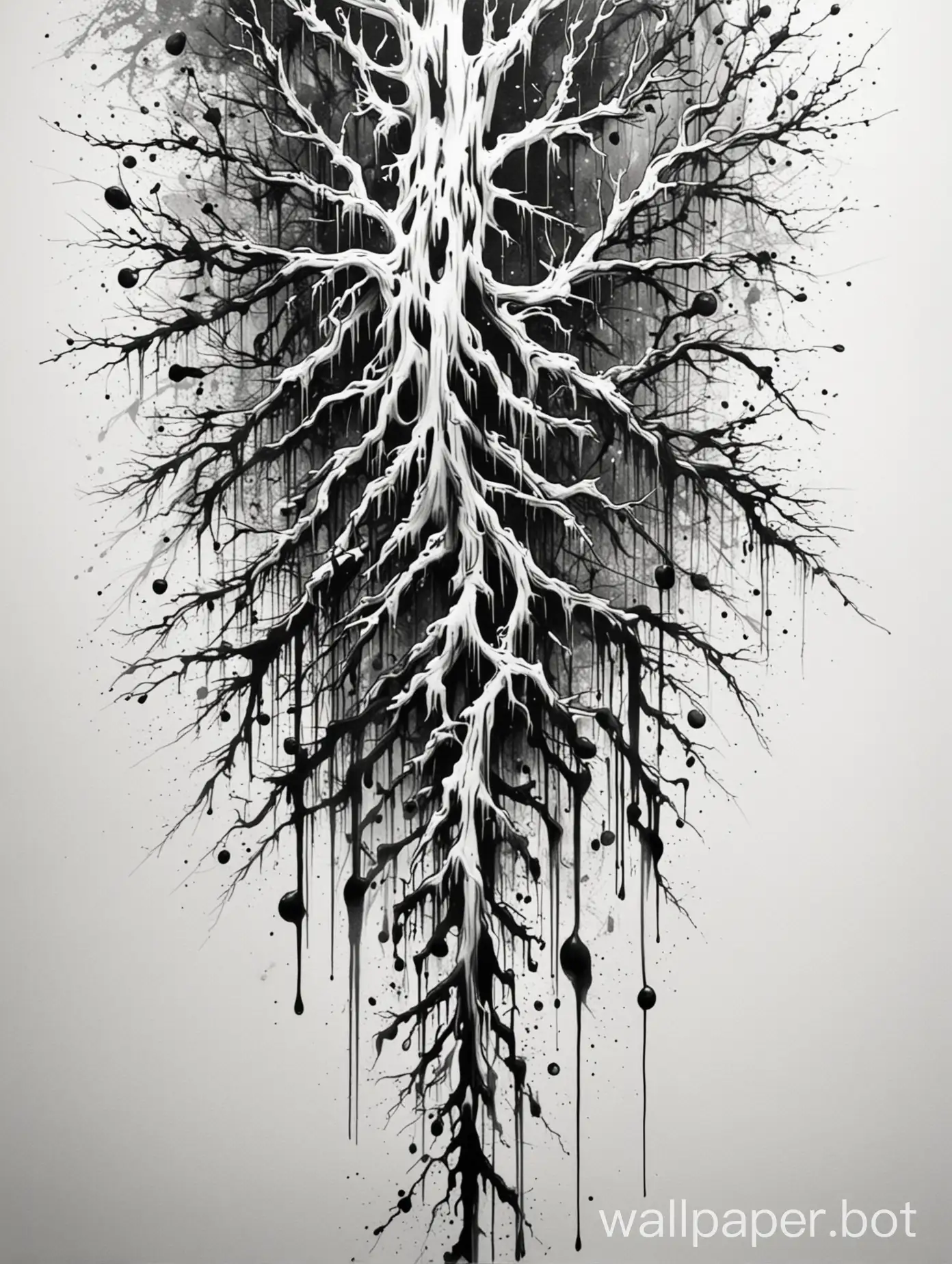 tattoo art, white hard brush, dark masterpiece hard fluid vein ornament, graffiti tattoo pattern, chaotic brush, intense dripping paint, monochromatic space, organic, ornamental black rectangular, hard branches art, white background