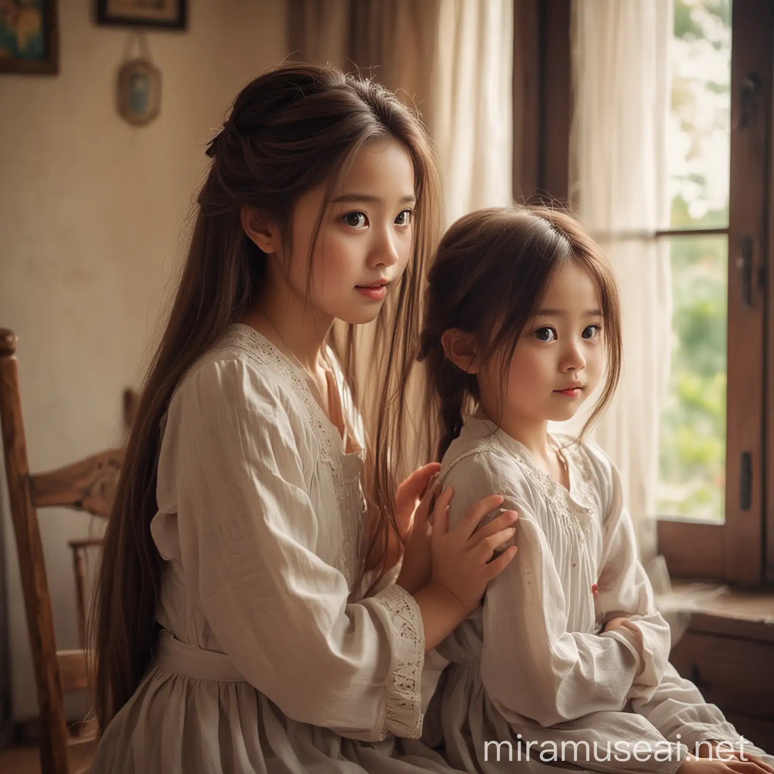 "Generate an image featuring a cute and beautiful Asian girl with big innocent eyes. She is tall, fair-skinned, and wearing a long frock. She has long, flowing hair cascading down her back. The girl is sitting inside a cozy room. Beside her is a handsome, fair-skinned boy with a well-shaped beard on his face. He is sitting behind the girl and gently combing her hair. The boy has lovely, sharp eyes and is looking at the girl with affection. The atmosphere is warm and loving. Please ensure that the girl's hair is portrayed as long and luscious, and that both characters have engaging expressions reflecting their affection for each other."
