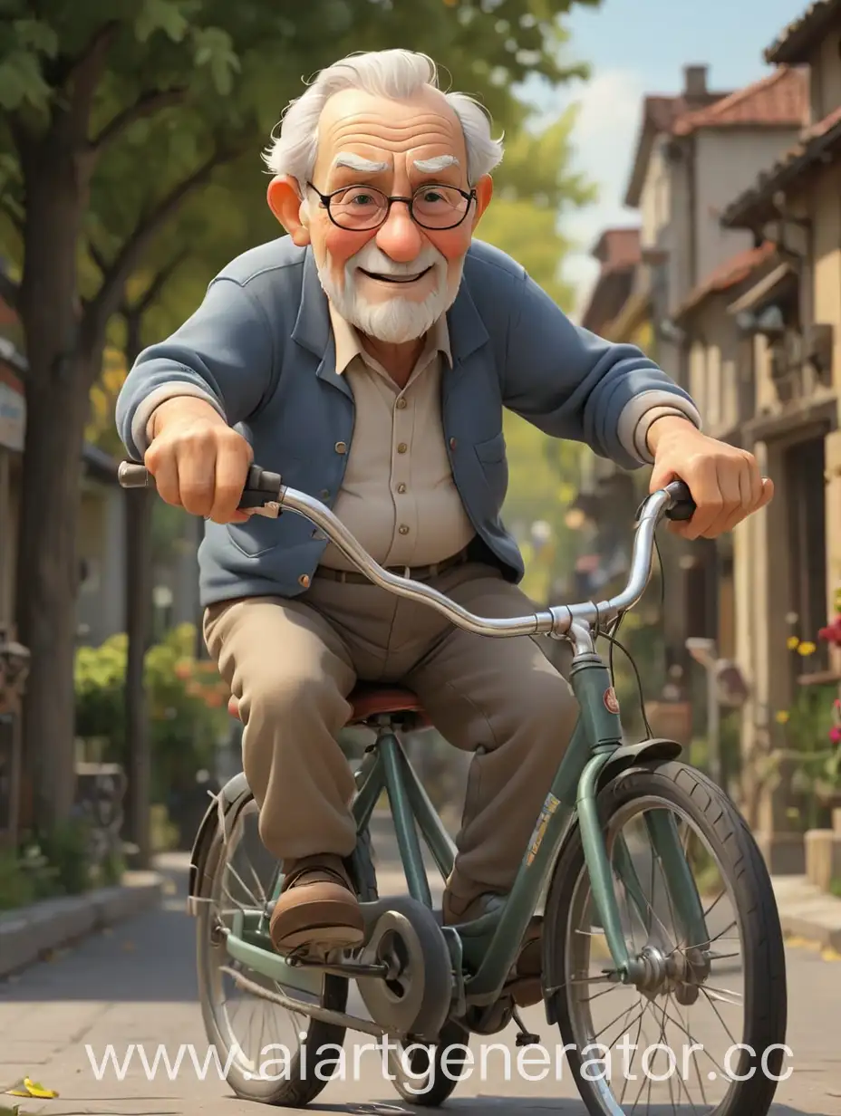 мультяшный добрый милый дедушка на велосипеде 