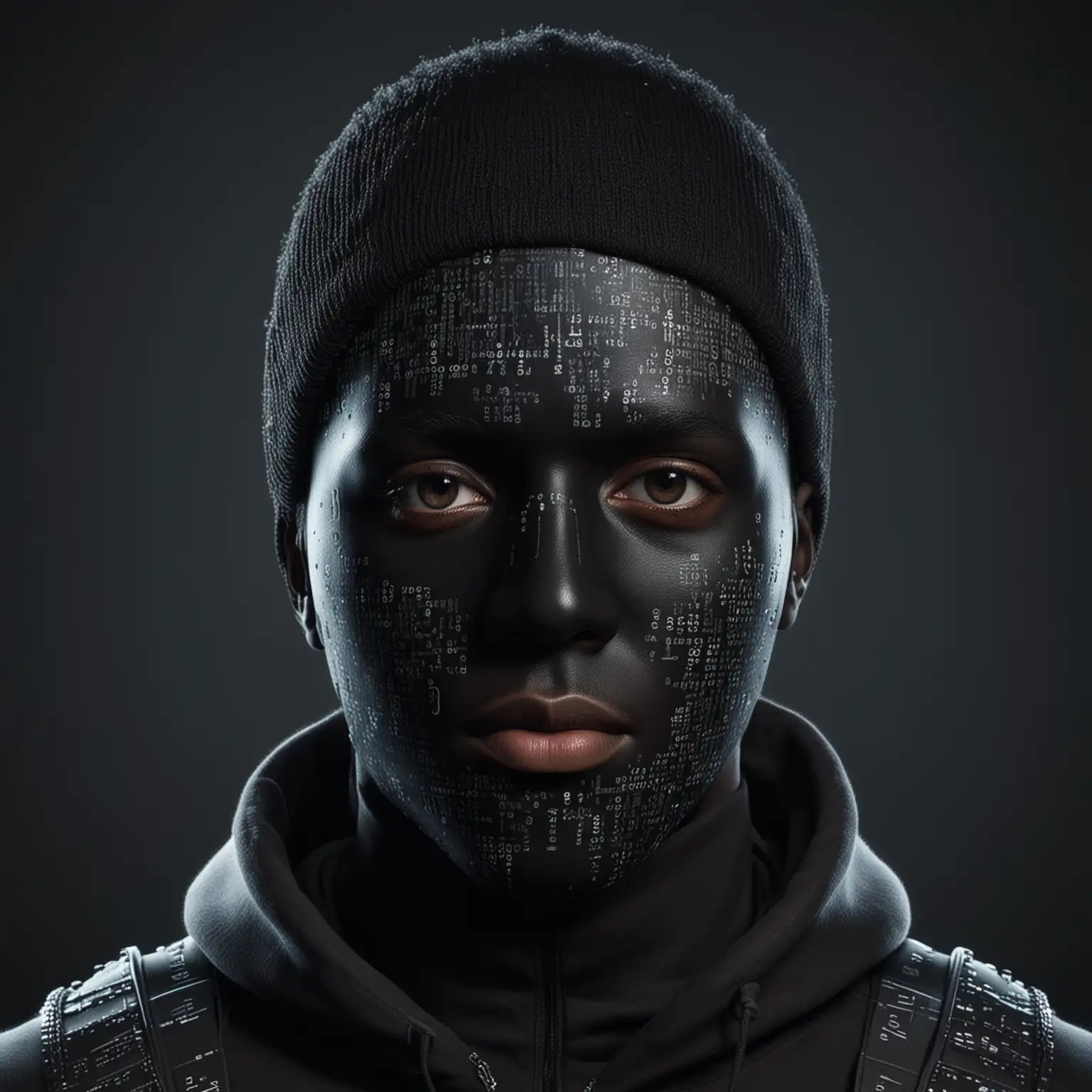 Futuristic Ethnically Black Male Hacker with Digit Mask