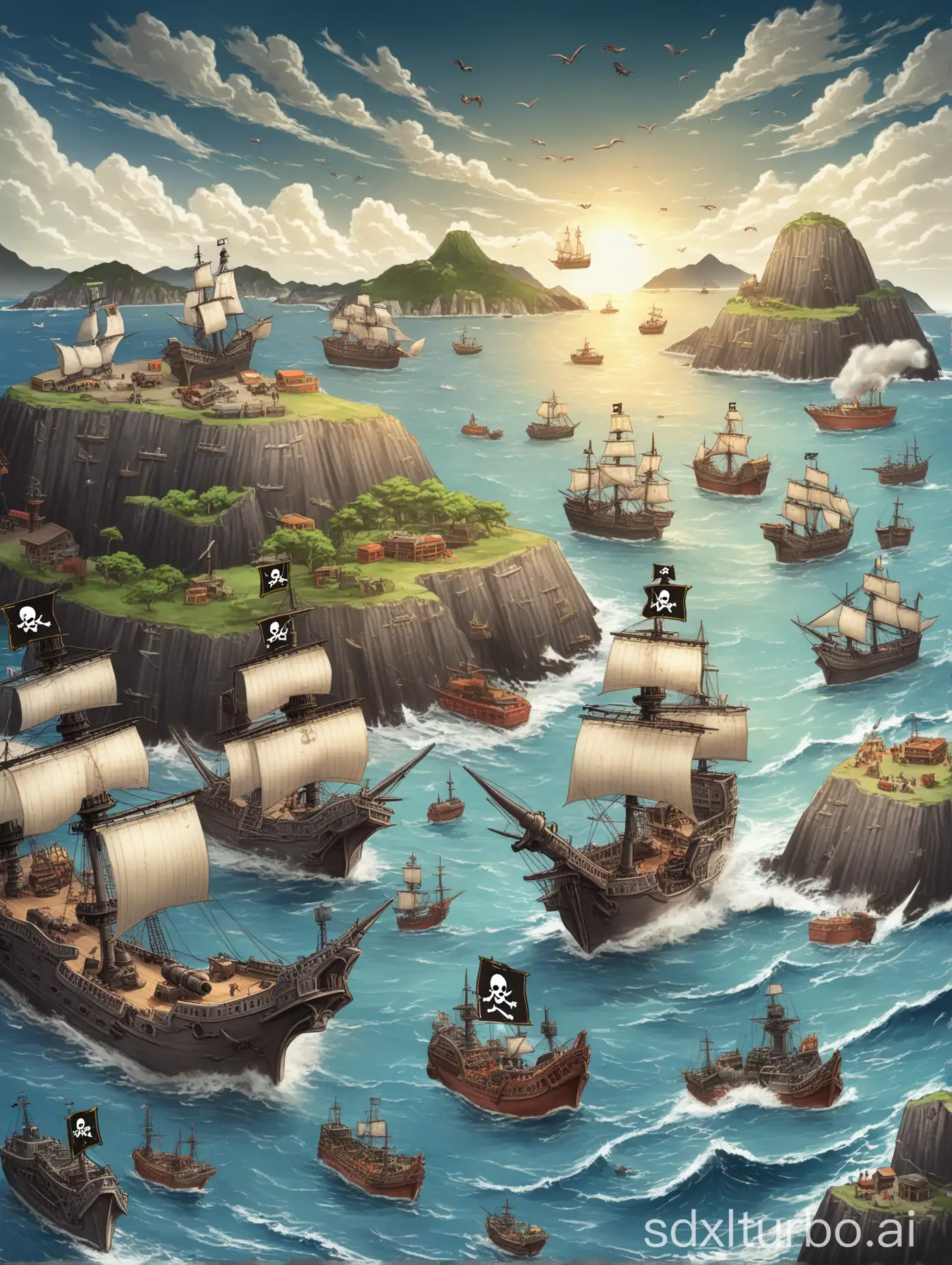 On the sea, there is an island, Keelung Island, with pirate ships and squid,Warship fires cannon at squid