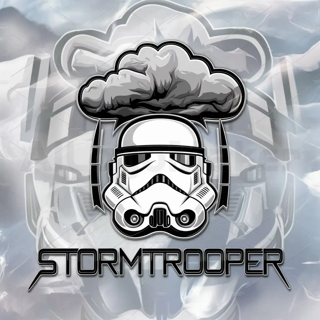 a logo design,with the text "StormTrooper", main symbol:Donderstorm with a thundercloud above and a stormtrooper helmet below.,complex,be used in 0 industry,clear background