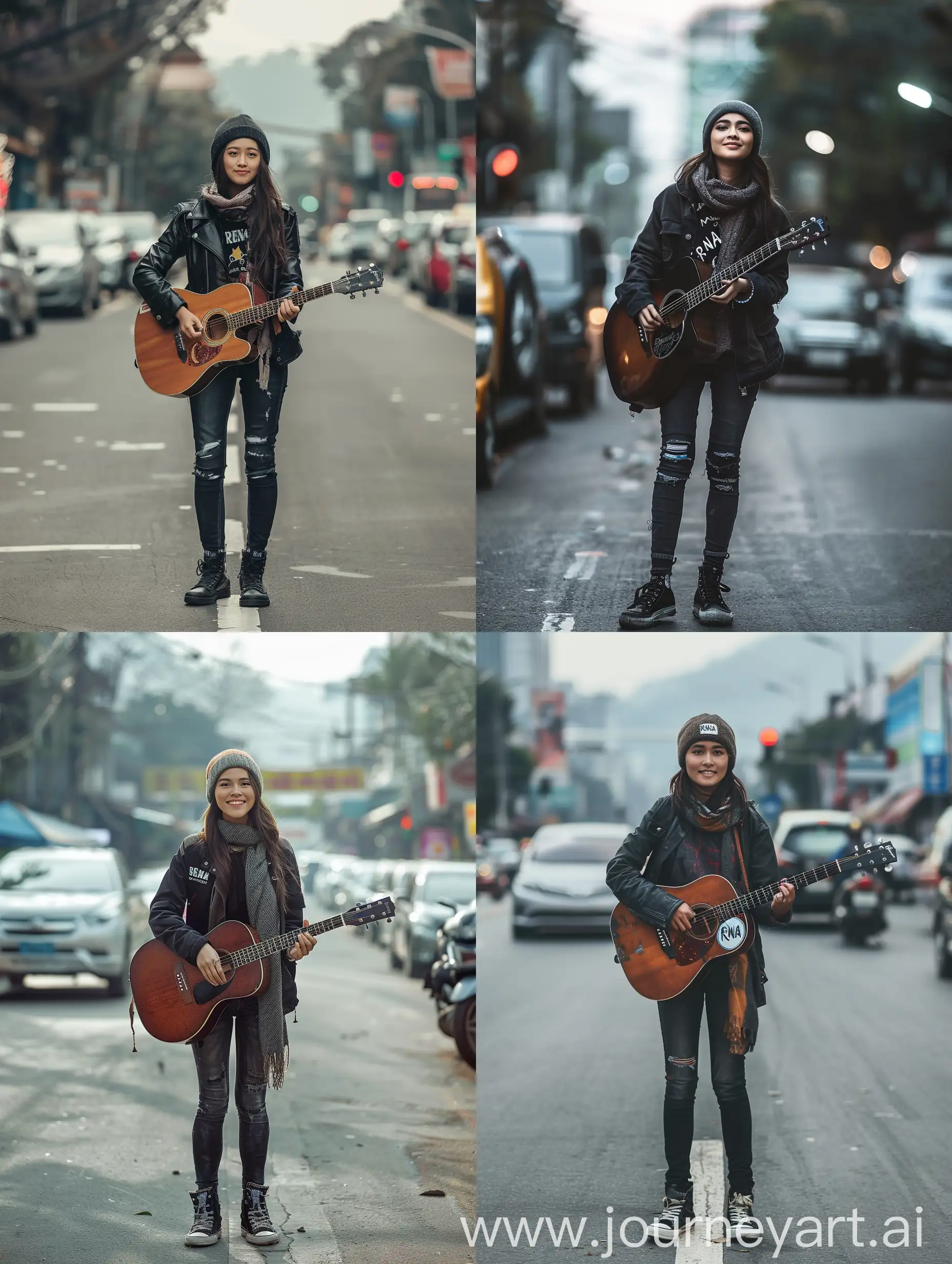 Indonesian-Woman-with-Guitar-Smiling-in-Urban-Traffic-Scene