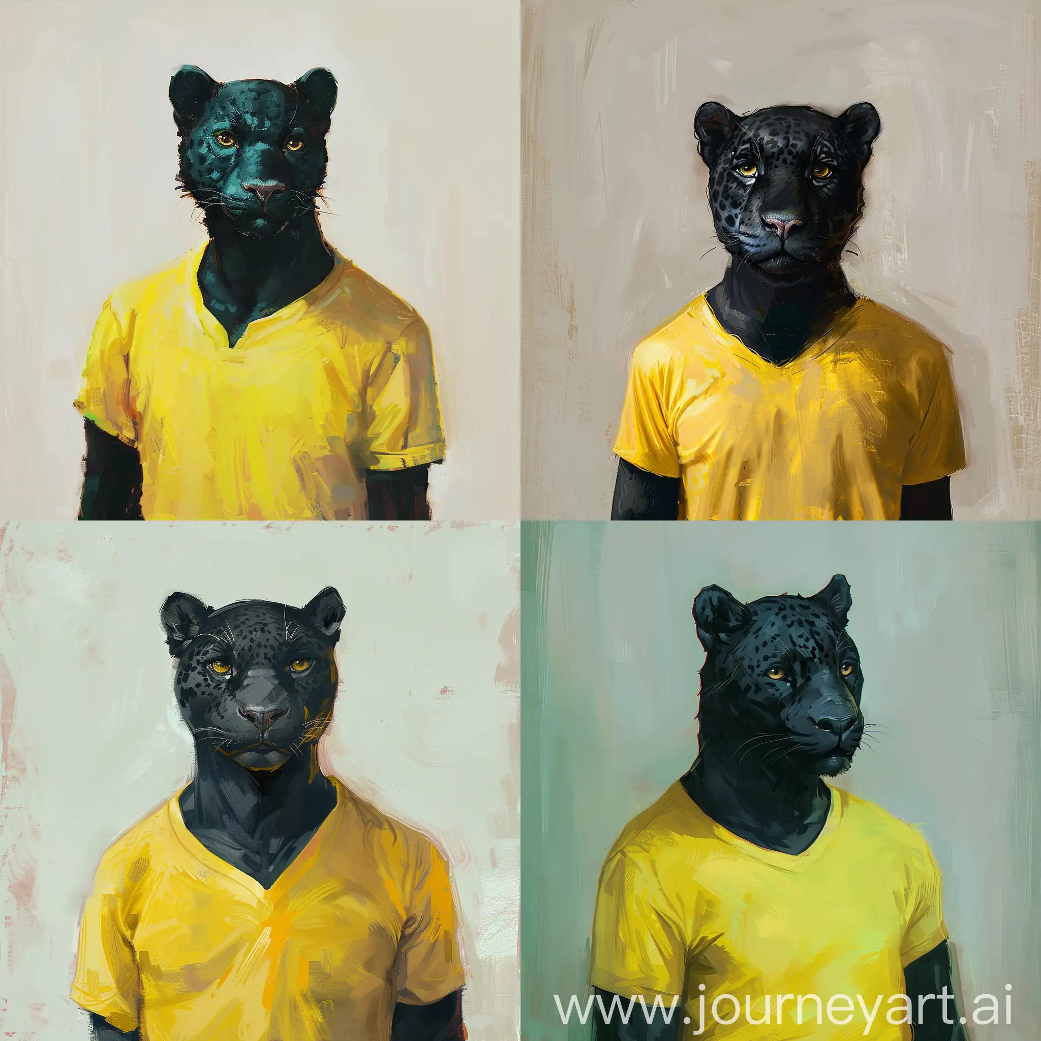 Edward Hopper art style , black jaguar as a suave human man, dressed in a vibrant yellow t-shirt , NFT profile picture, whimsical, textured brushwork, gentle facial expression, front view. 8k , elegant, 