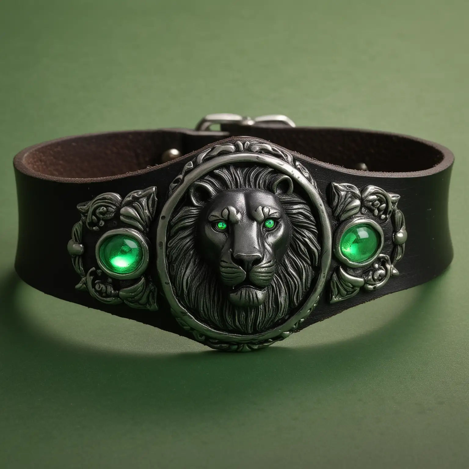 make a black leather wrist band with an oval shaped stone in the center, the oval shaped stone has a green glow in the background with the face of a lion in the center