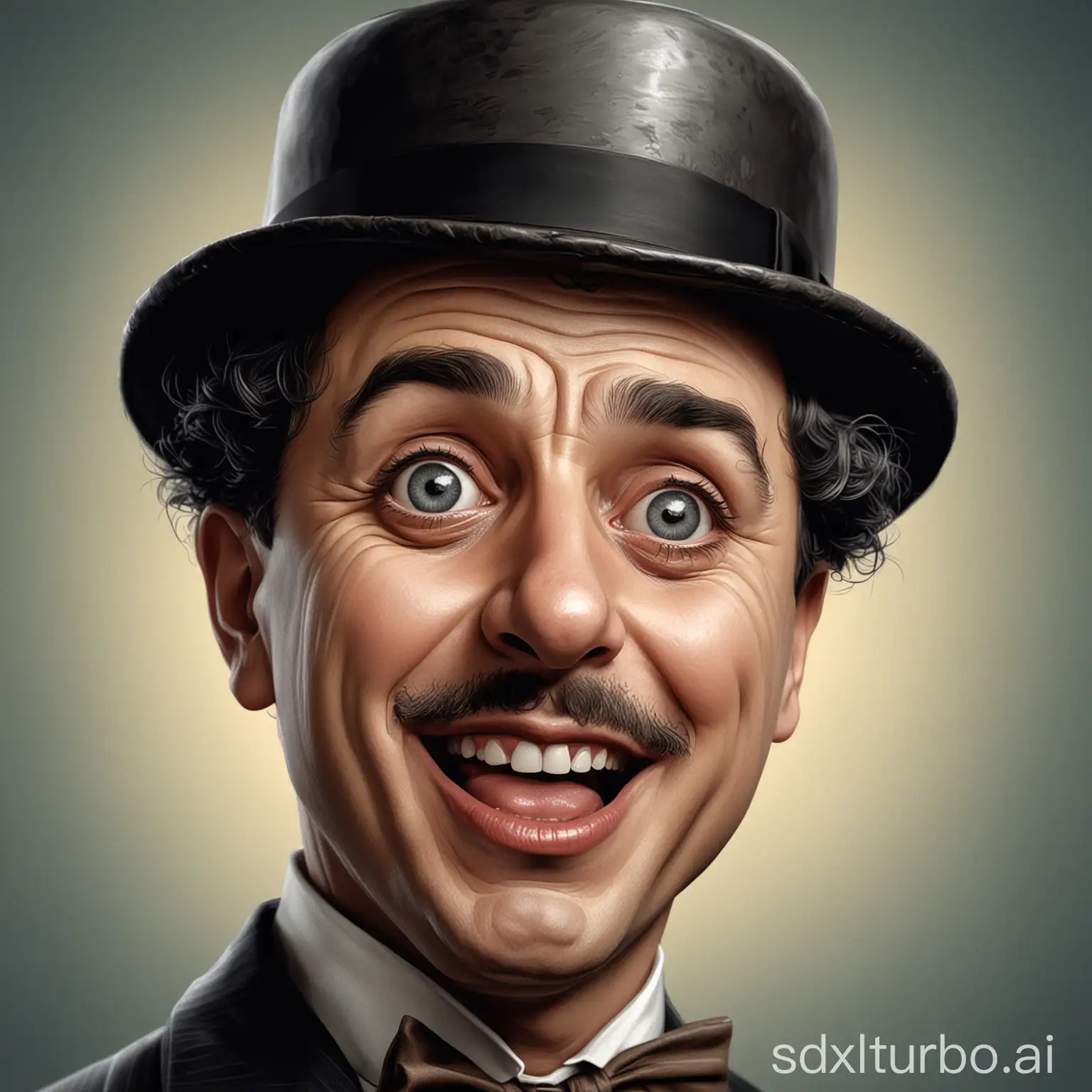 Charles Chaplin, digital art caricature in the style of pop surrealism, vector illustration, high resolution, high quality, high detail, hyper realistic, hyper detailed, ultra realism, high dynamic range, high contrast, high color film grain, he's unpleasantly surprised, mouth slightly open