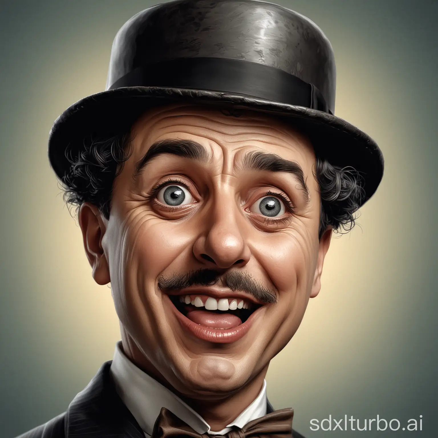 Charles Chaplin, digital art caricature in the style of pop surrealism, vector illustration, high resolution, high quality, high detail, hyper realistic, hyper detailed, ultra realism, high dynamic range, high contrast, high color film grain, he's unpleasantly surprised, mouth slightly open
