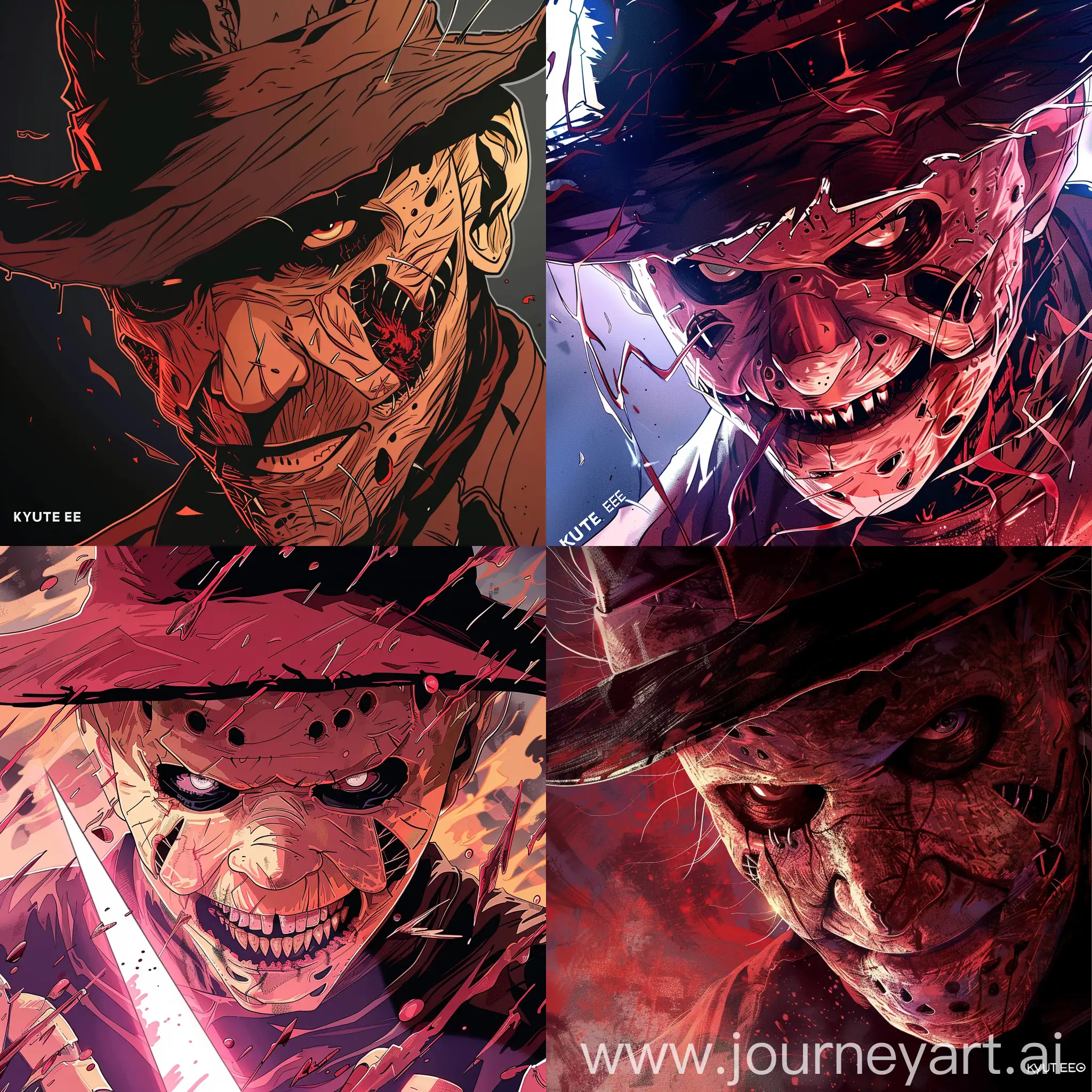 Anime style illustration of Freddy Krueger, nightmare on elm street, his iconic face, art, illustration by Kyutae Lee