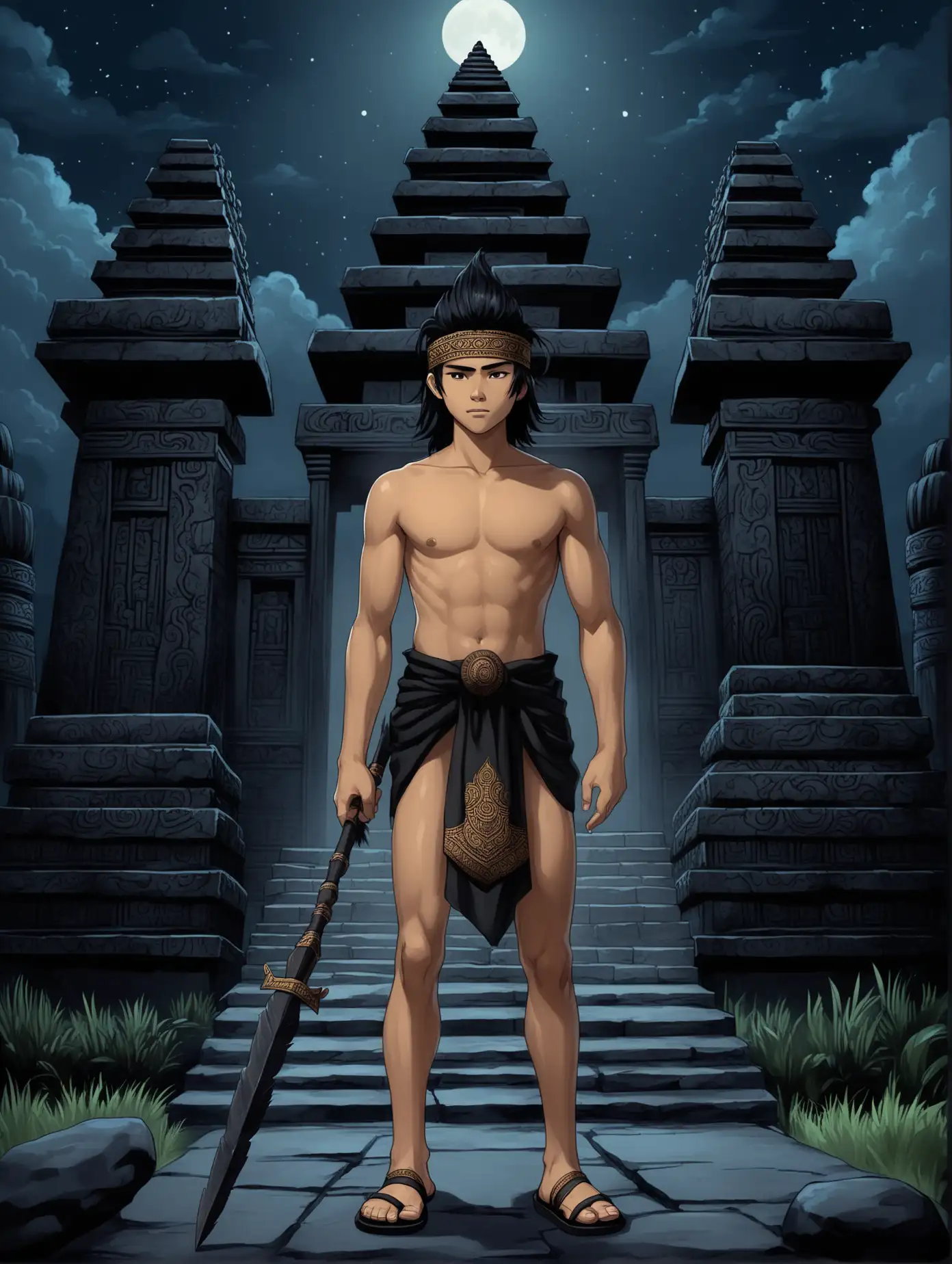 Indonesian-Warrior-with-Stone-Spear-at-Temple-Night