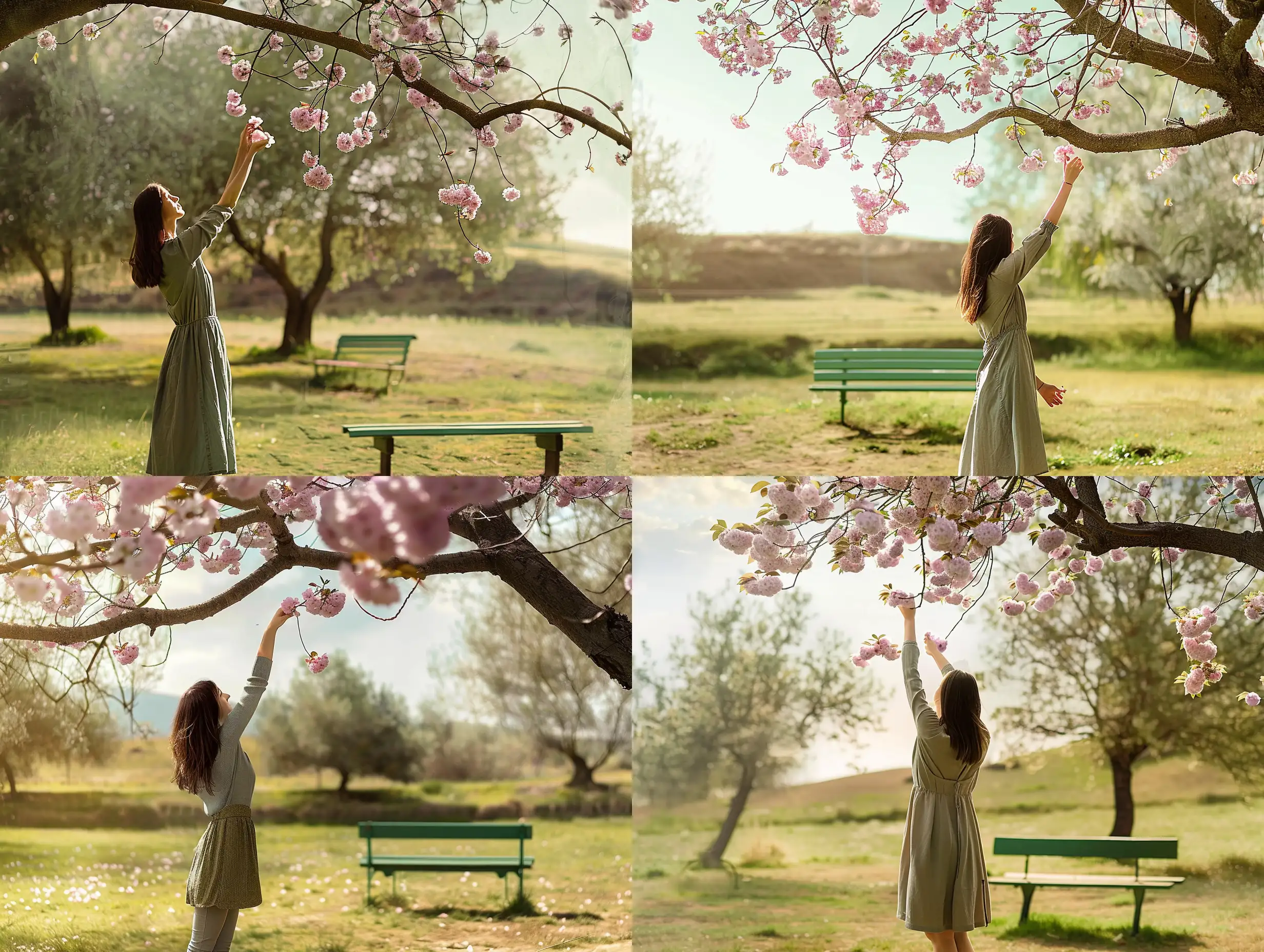 A woman stands in a field, reaching up to pick a pink flower from a tree. There's a green bench nearby and a small hill in the distance., Nostalgia, --ar 9:16 --weird 53 --seed 36