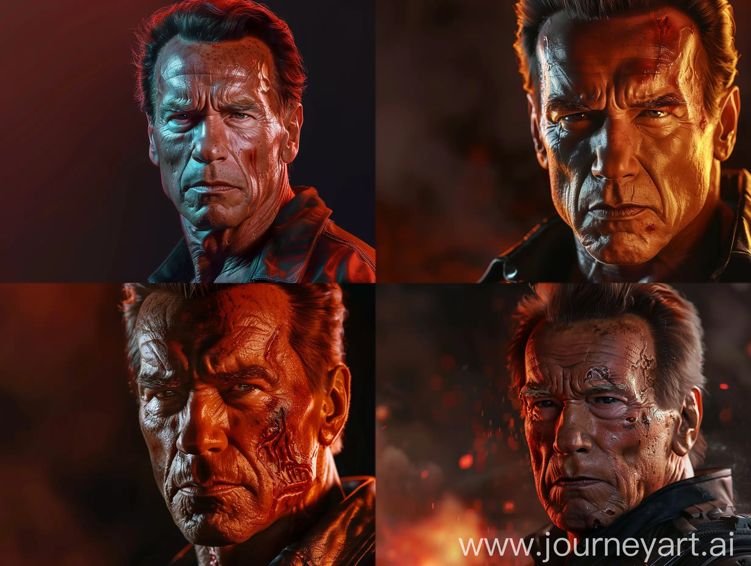 A detailed, realistic portrait of Arnold Schwarzenegger in half-body pose, turned slightly to the left. He has a villainous expression with a devilish look in his eyes. The lighting is high contrast, with a reddish color tone creating a foreboding atmosphere. Wrinkles and skin texture are highly detailed to portray his age and experience. Include a subtle hint of a costume element from one of his iconic villainous roles. Focus on Arnold's face and upper body. Background should be dark and out of focus. No text overlay.

