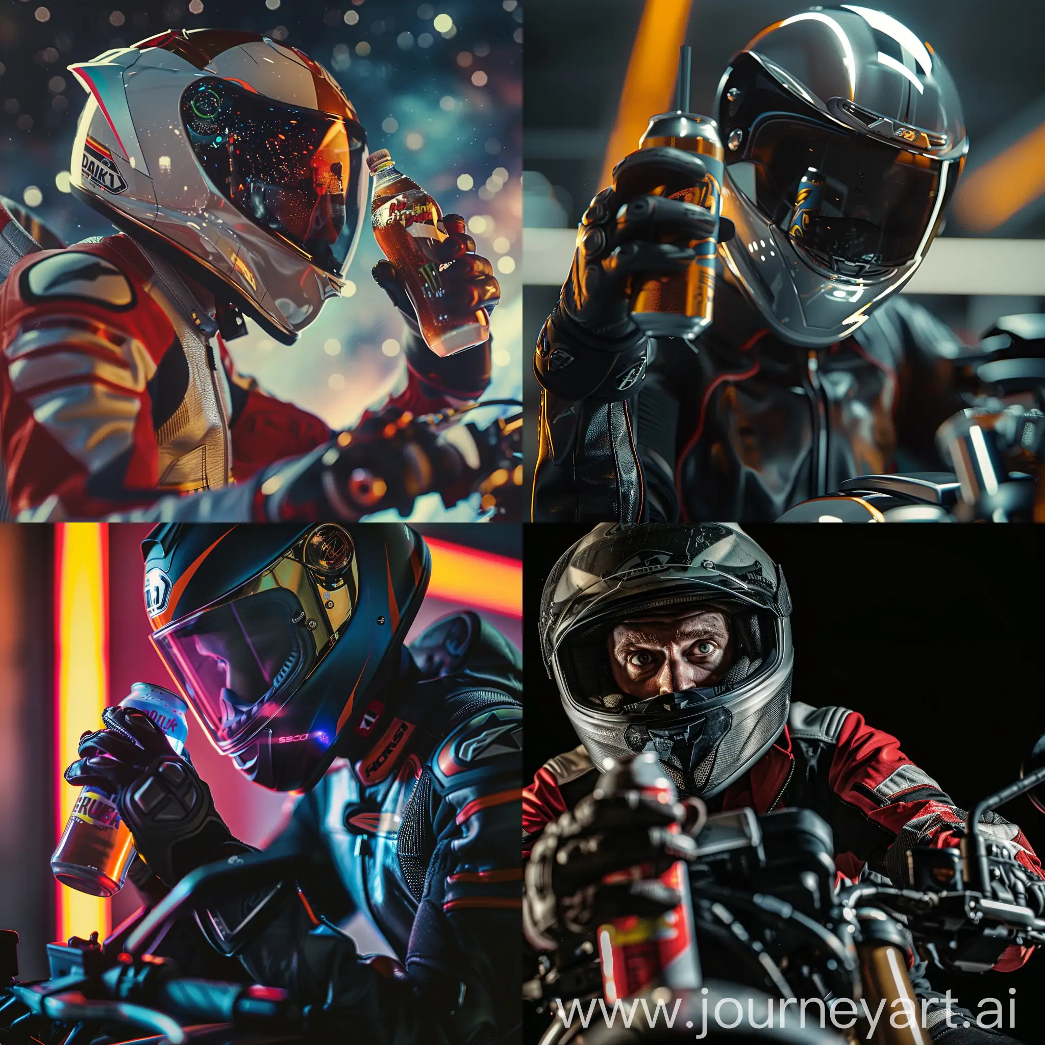 
A motorcycle rider wearing a helmet and holding an energy drink. In real space and close up