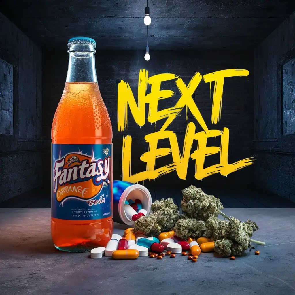 4K PHOTOGRAPHY A BOTTLE OF FANTA ORANGE SODA NEXT TO PILLS AND WEED WITH THE TEXT ( NEXT LEVEL ) ON THE PICTURE