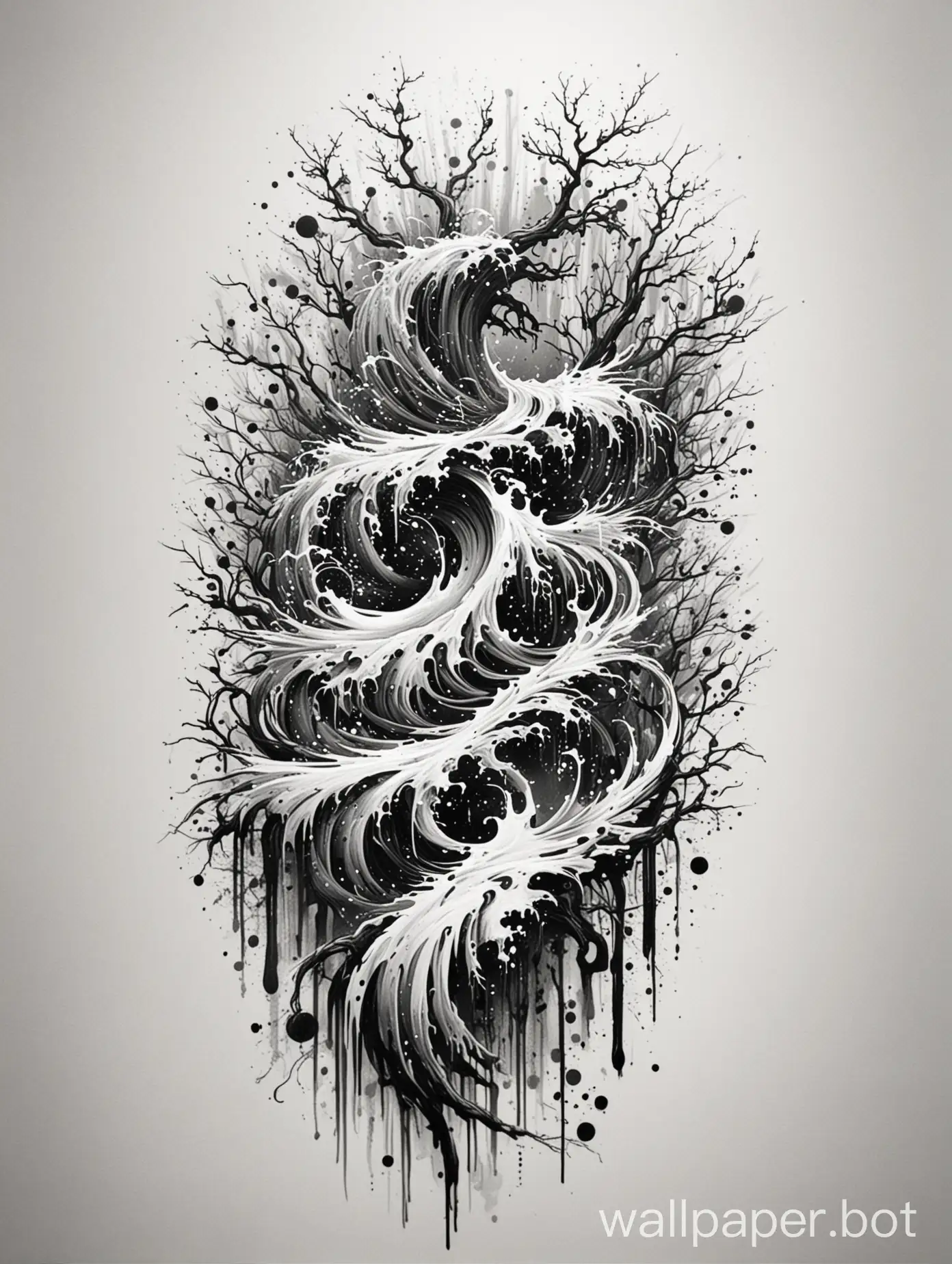 Monochromatic-Wave-Ornament-Tattoo-Art-Chaotic-Brushwork-on-White-Background