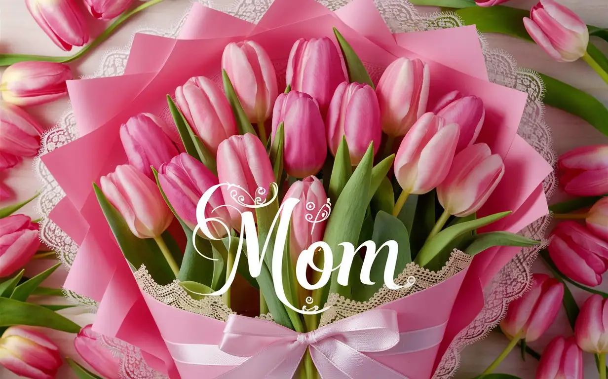 Photo Bouquet of pink tulips in pink paper with text MOM