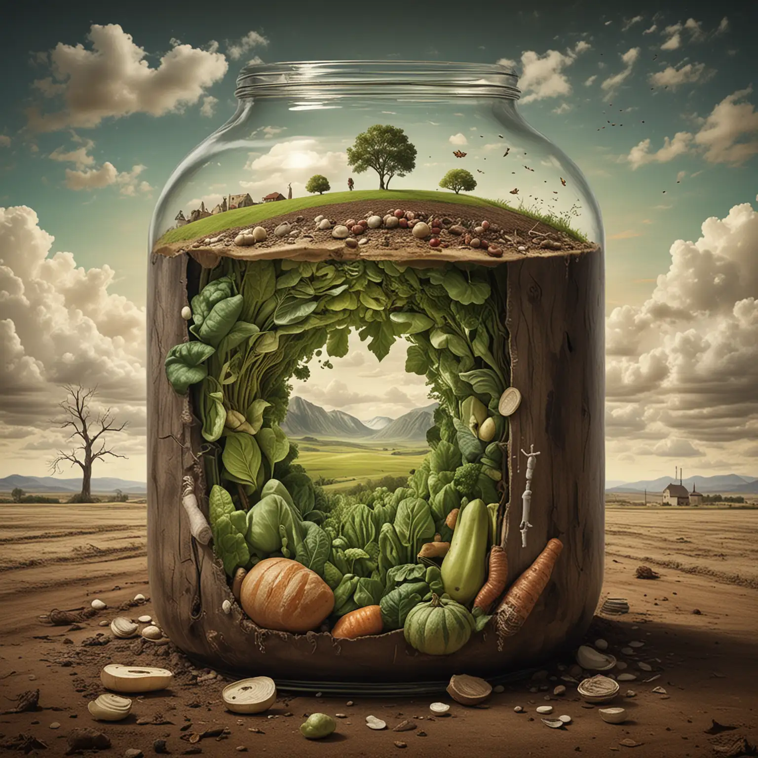 surrealist artwork showing environmental benefits of fermentation (reduce waste, preserve food)