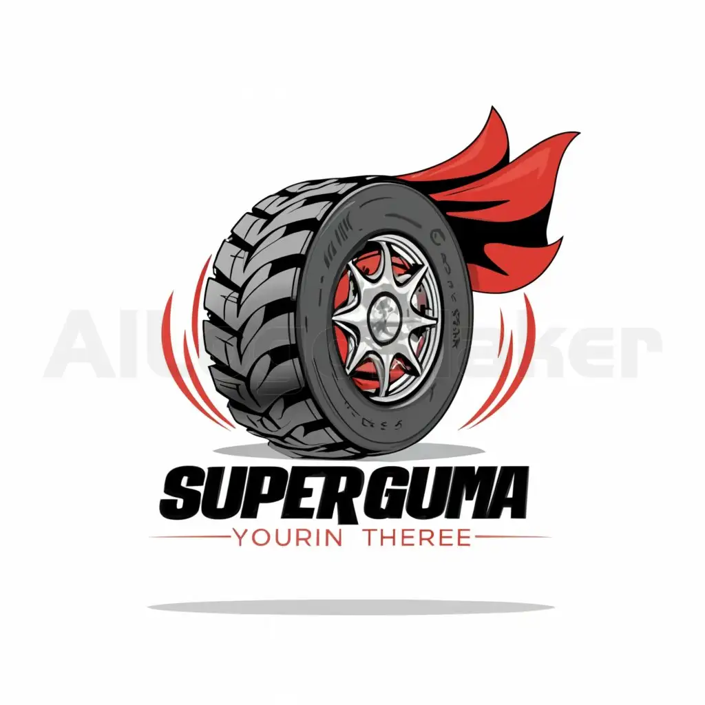 a logo design, with the text 'SuperGuma', main symbol: Create a logo featuring a tire with a big sky-blue color cape attached to it, in motion, Moderate, be used in Automotive industry, clear background