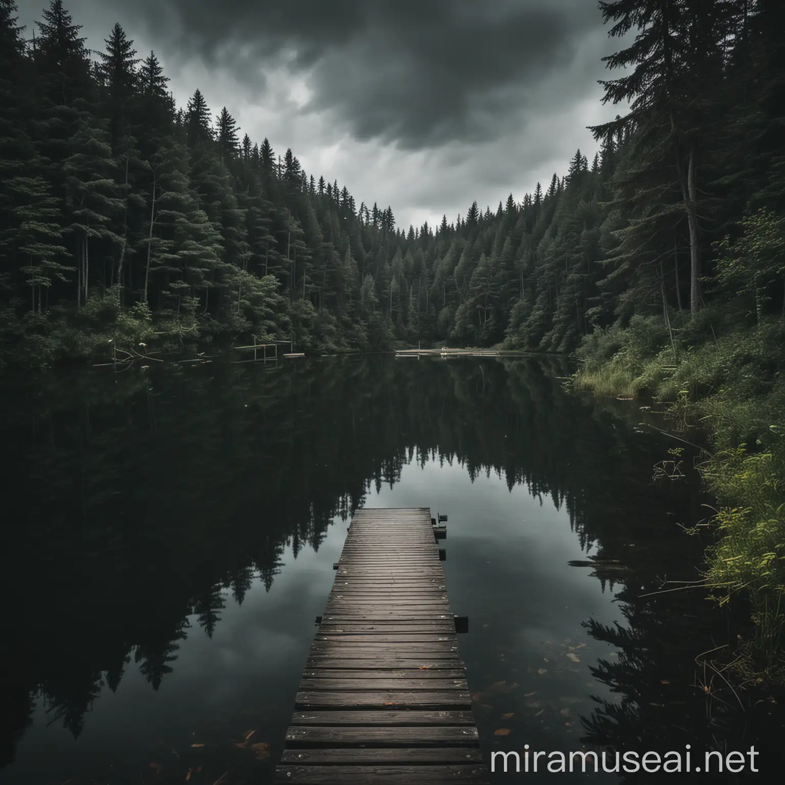 image of a lake surrounded by forest and a small dock with a dark atmosphere
