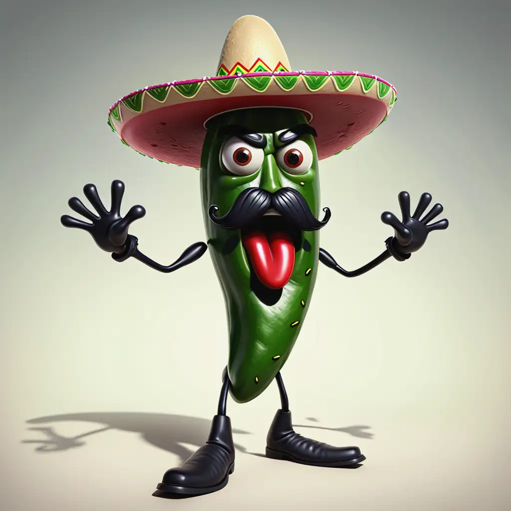 A jalapeño character with arms and legs. Very angry. Has a black mustache, Wearing a sombrero 