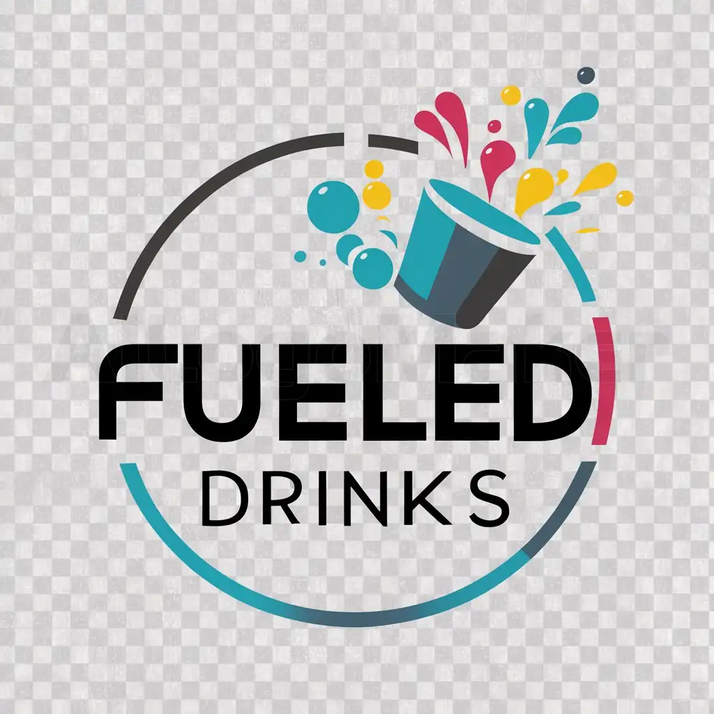 a logo design,with the text "fueled drinks", main symbol:a logo design,with the text 'Fueled drinks', main symbol:water and fizz coming out of soda cup, lots of bubbles exploding, splashes of water, lots of color, Moderate, be used in Restaurant industry, no background, needs to be a circle,Moderate,clear background