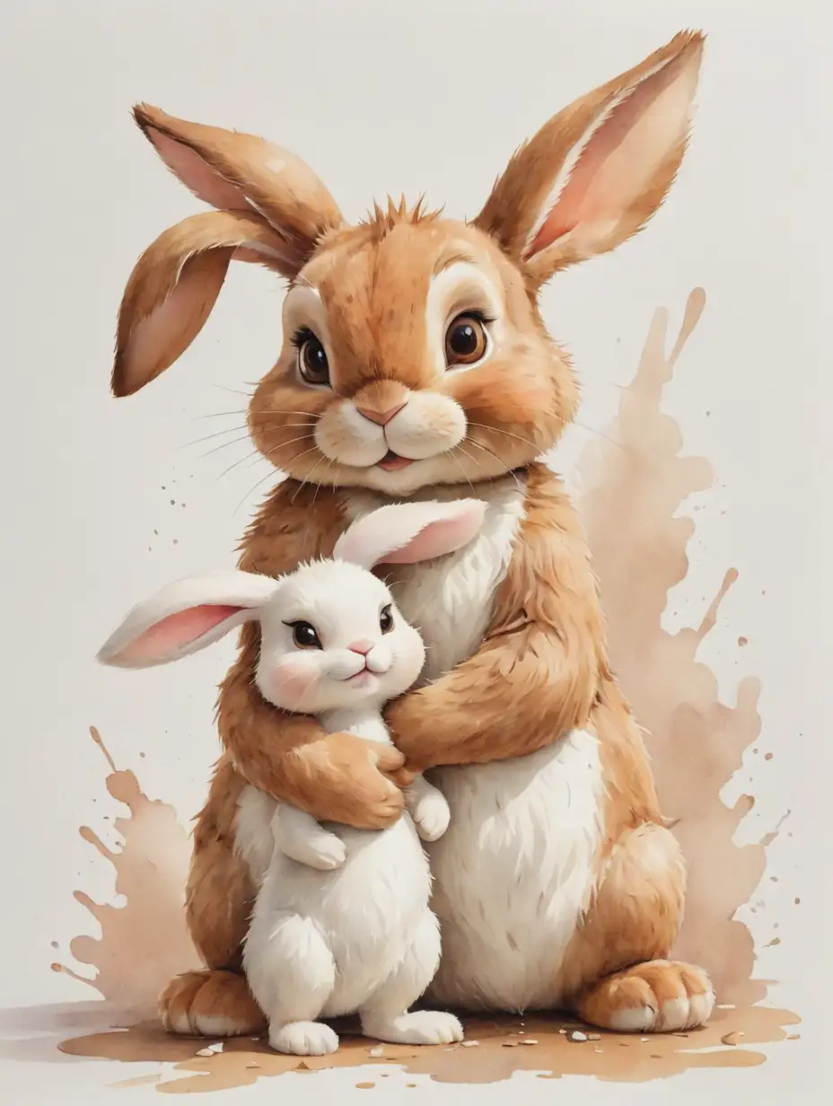 watercolor, A cute brown bunny stands hugging a toy white bunny, on white background