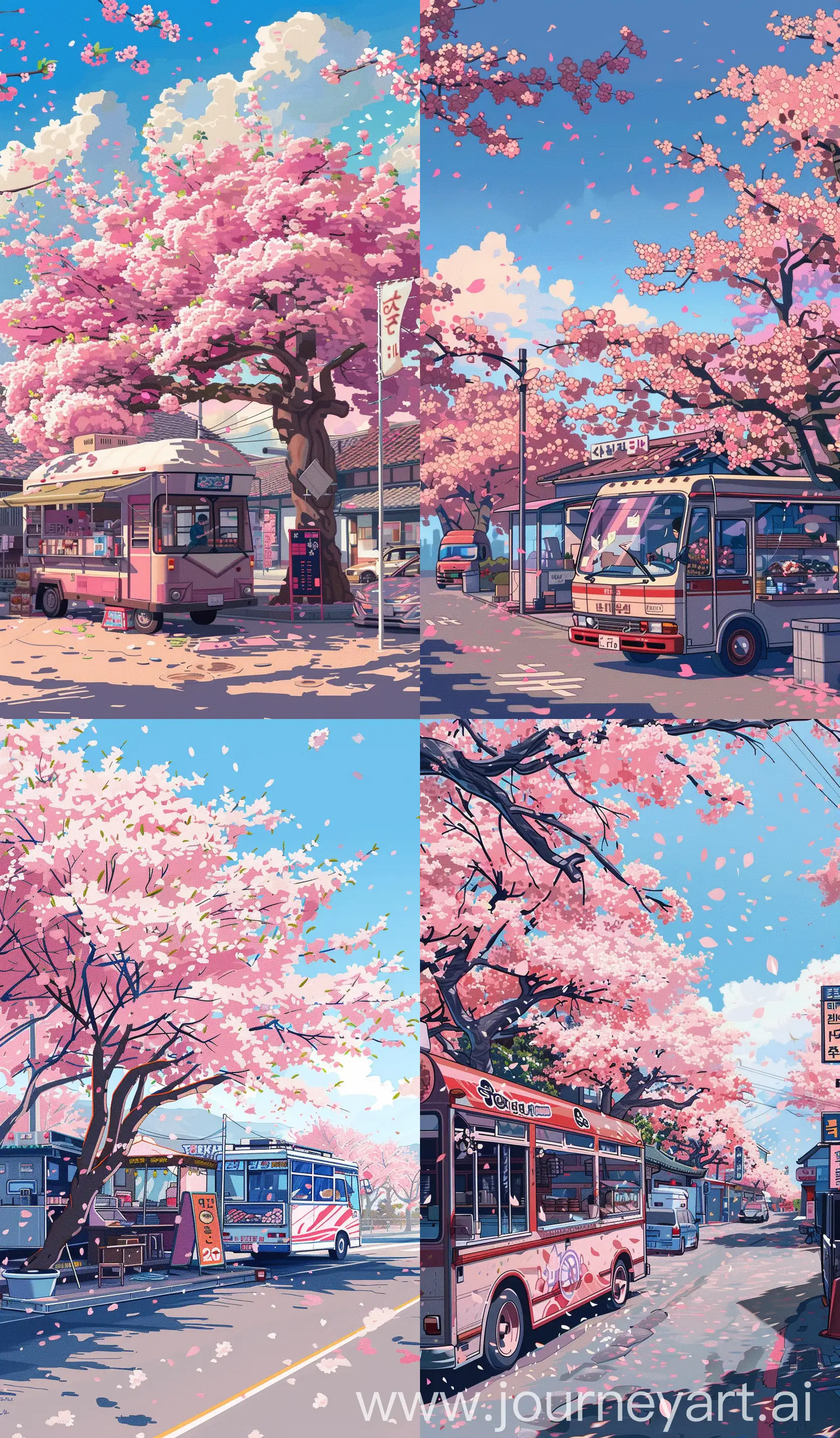
 cherry blossom trees in front of a food truck, in the cartoon style, with an anime aesthetic, in the lofi pixel art style, on a white background, with a blue sky, pink flowers, a korean street view, in the style of Studio Ghibli, using pastel colors, as a digital painting, like a poster, similar to a kpop album cover artwork, with high resolution, being ultra detailed, with high contrast, featuring vibrant color, resembling professional photography, in the kpop style, depicting korea culture, --ar 75:128
