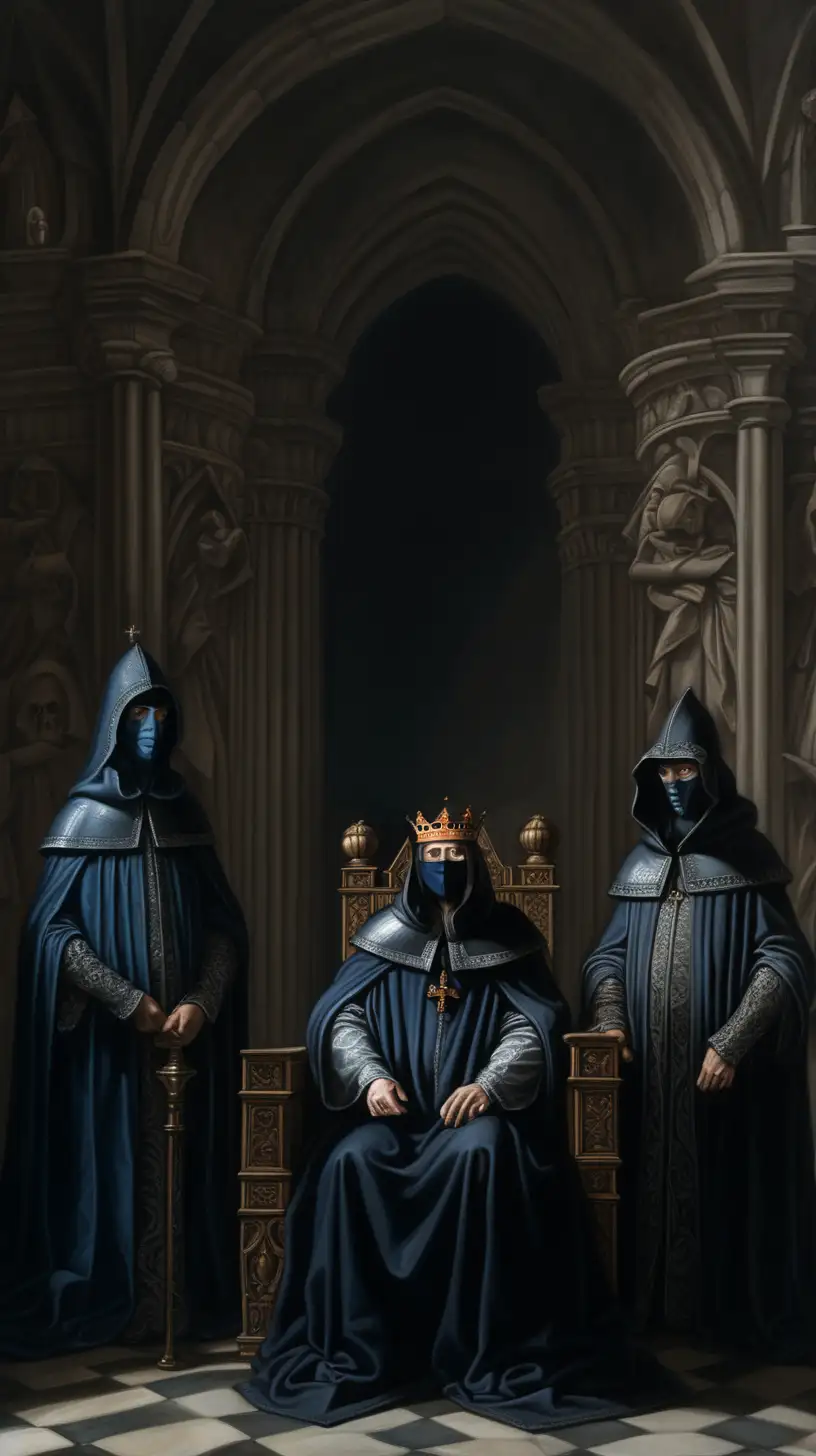 A central figure of King Henry VII sits on the English throne, his face a mask of stoicism.  Behind him, two hooded figures stand in the shadows, one small and one slightly larger, representing the Princes in the Tower.  Their forms are indistinct and wispy, almost like phantoms. 

Style:

Dark and atmospheric, with a heavy emphasis on chiaroscuro lighting to create a sense of mystery and intrigue.

Use a muted color palette with an emphasis on grays, blues, and blacks.

The overall feel should be one of unease and suspicion, leaving the viewer to question Henry's true motives.

