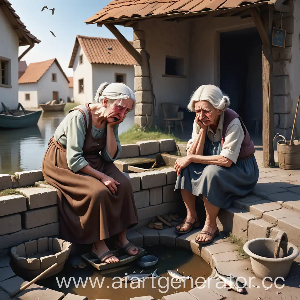 Elderly-Woman-Grieving-by-Broken-Trough-as-Old-Man-Fishes-in-Background