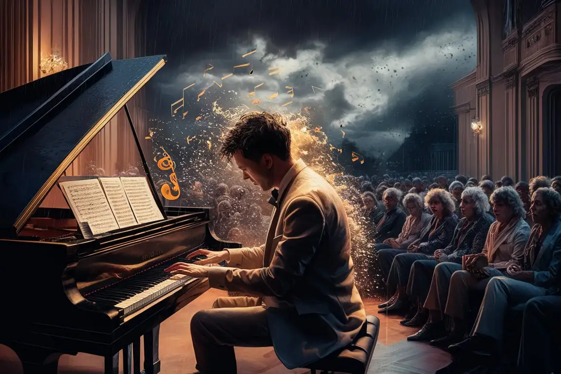 Despite the dark clouds and heavy rain outside, the pianist still played the piano to his heart's content in the concert hall, conveying love and hope to the audience