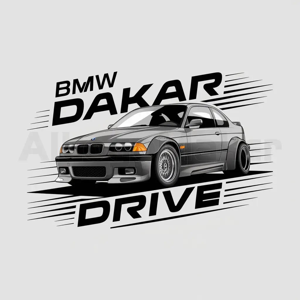 a logo design,with the text "BMW DAKAR DRIVE", main symbol:auto bmw e36 323ti compact con fendersflears y suspension en altura modificada,complex,be used in Automotive industry,clear background