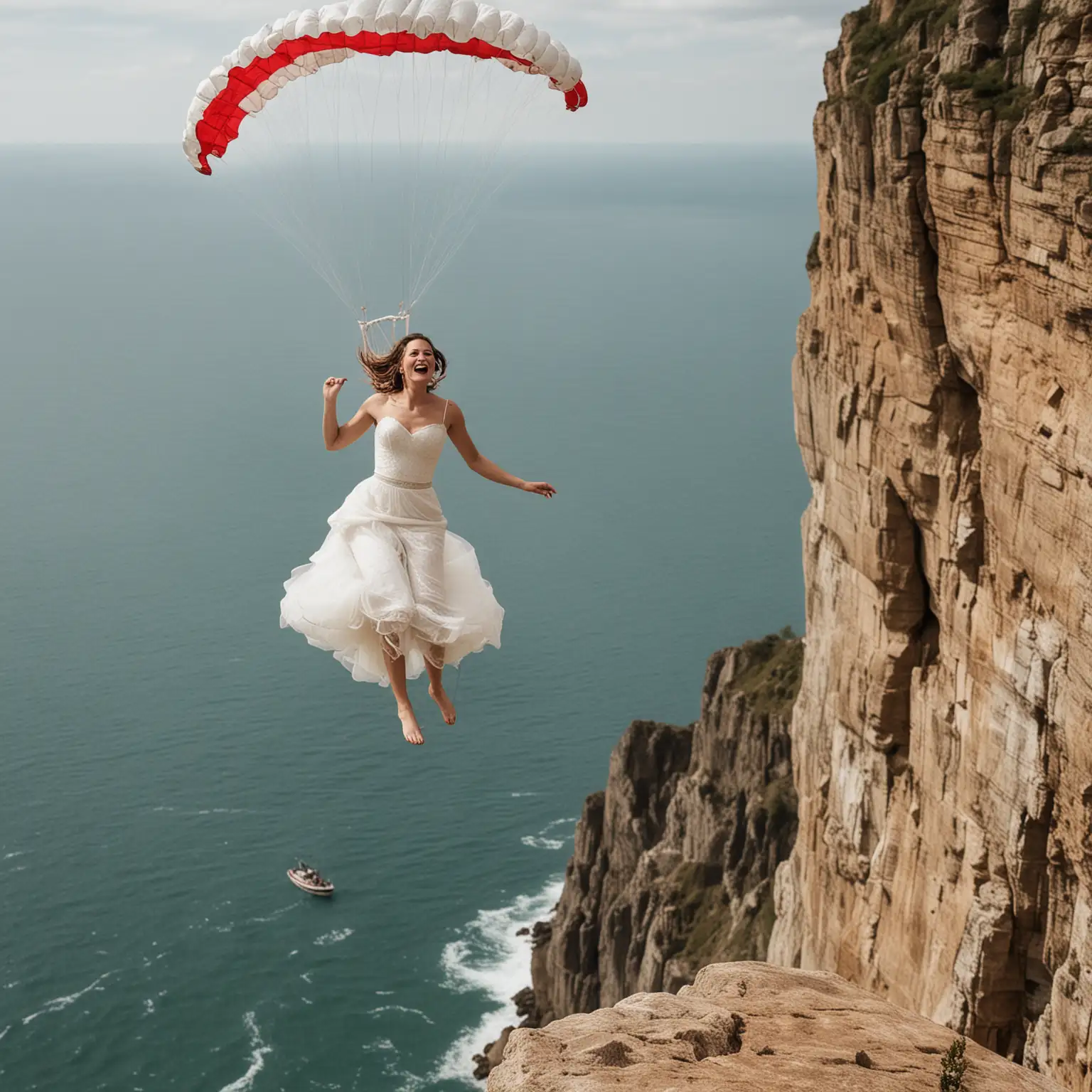 A bride jumping off a cliff with a parachute