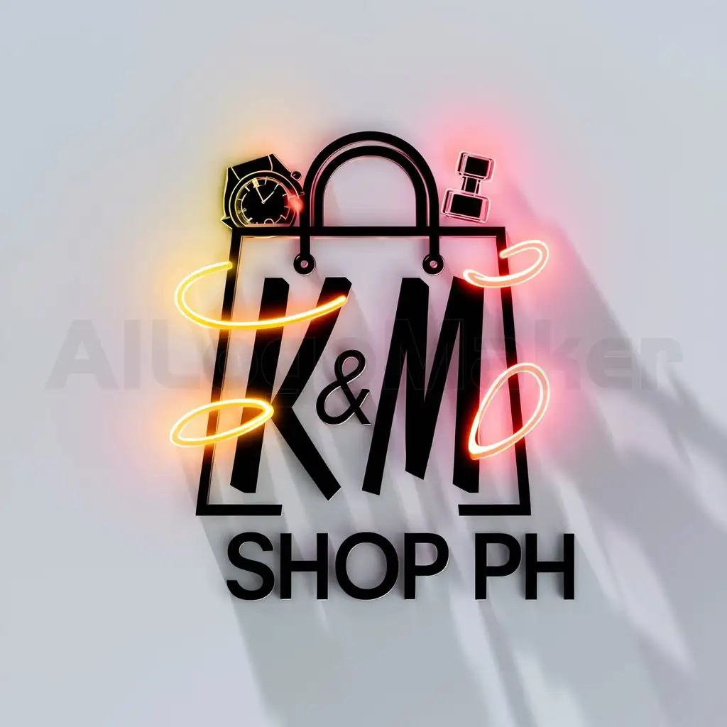 a logo design,with the text "K&M shop ph", main symbol:put bag watch perfume with neon elements,complex,clear background