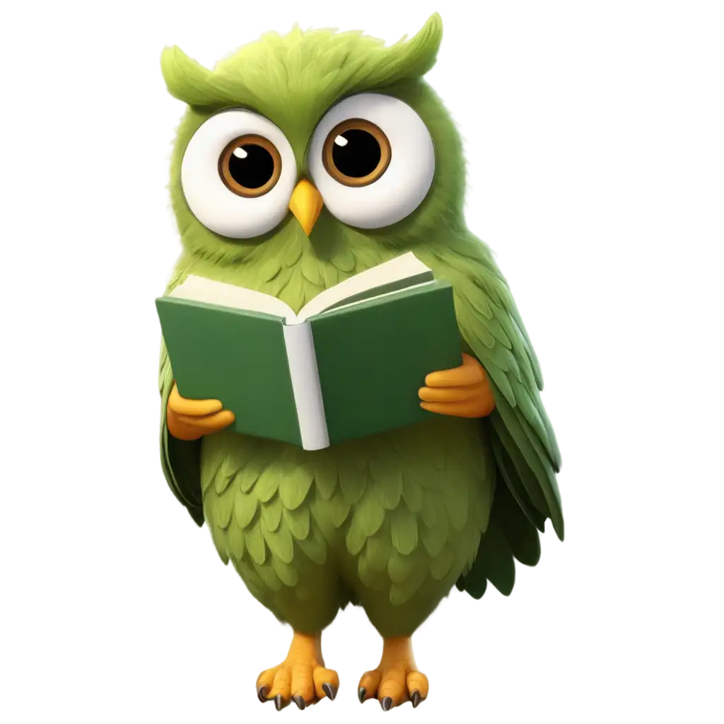 cute realsistic owl for readding web holding a book,green,white,violt
