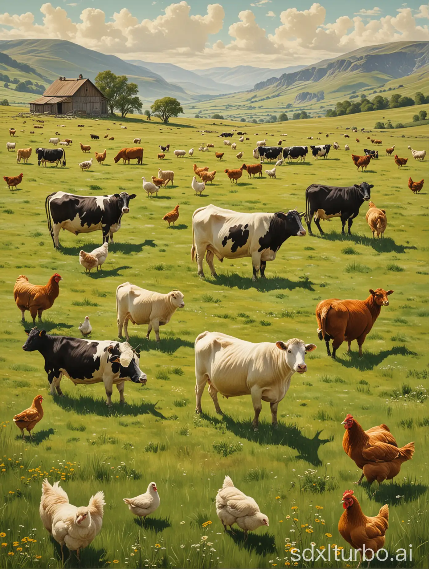 A poster with cows, sheep, and chickens on it in a grassland