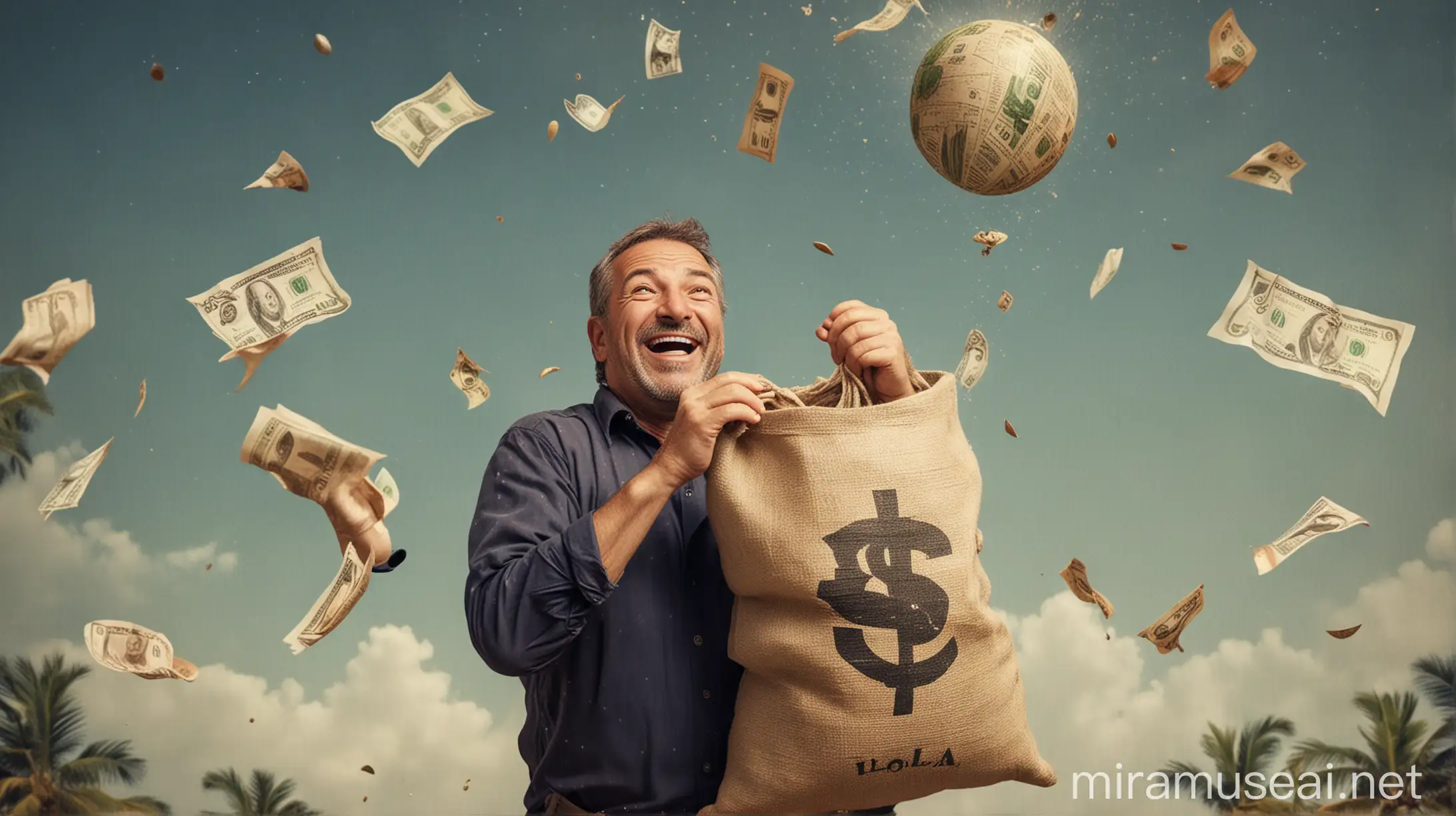 A middle-aged man with a happy expression is holding a burlap sack with a dollar sign on it. Banknotes are raining down from the sky, falling into the sack. At the top, where the money is coming from, there is a large flag with a stylized globe, symbolizing the entire world.
The flag with the globe represents the idea that various countries around the world offer financial incentives.insert a background with tropical landscapes and mediterranean places.Realistic
