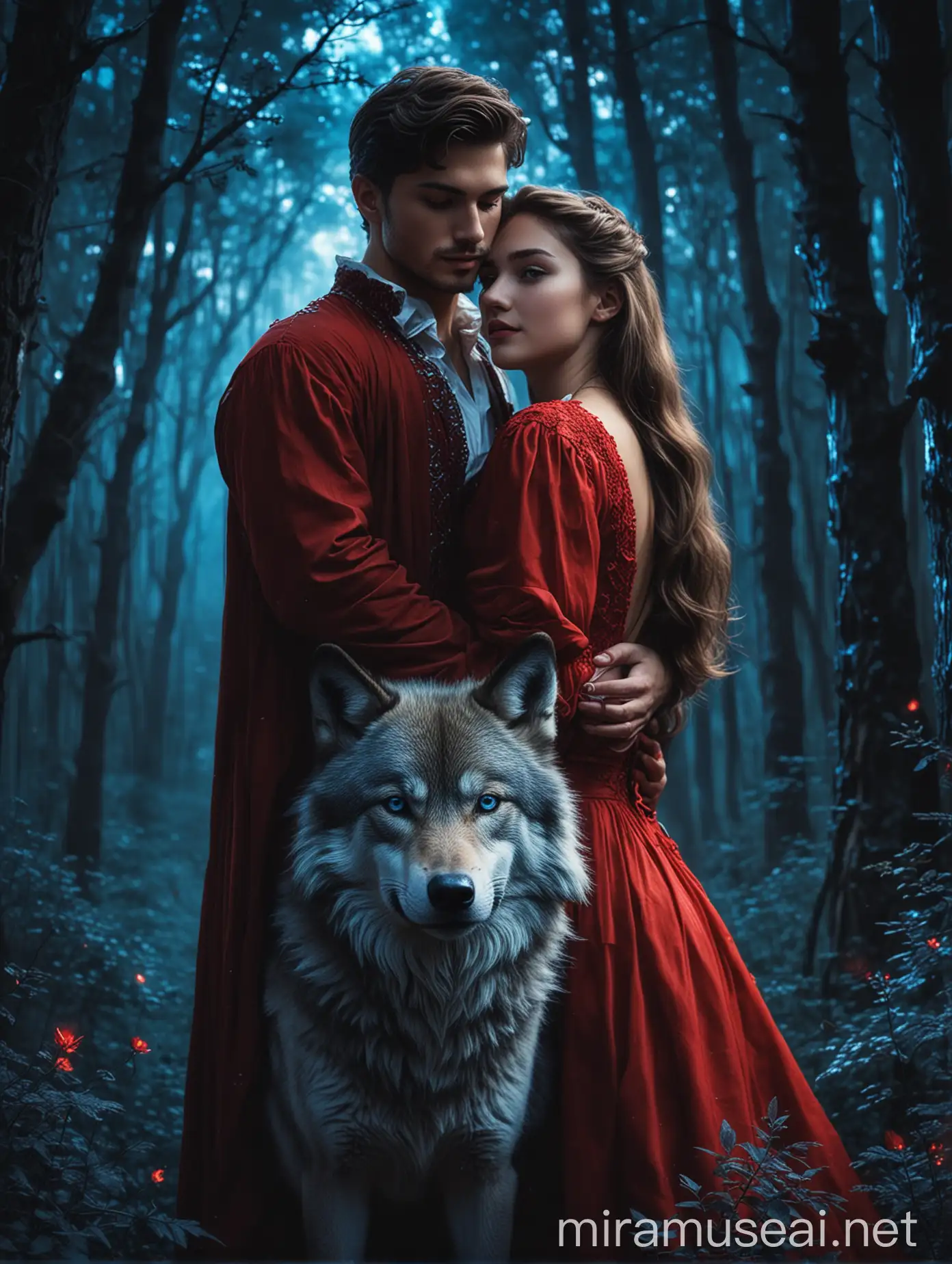 Romantic Couple Embraced in Red Dress with Luminous Blue Forest and Wolf