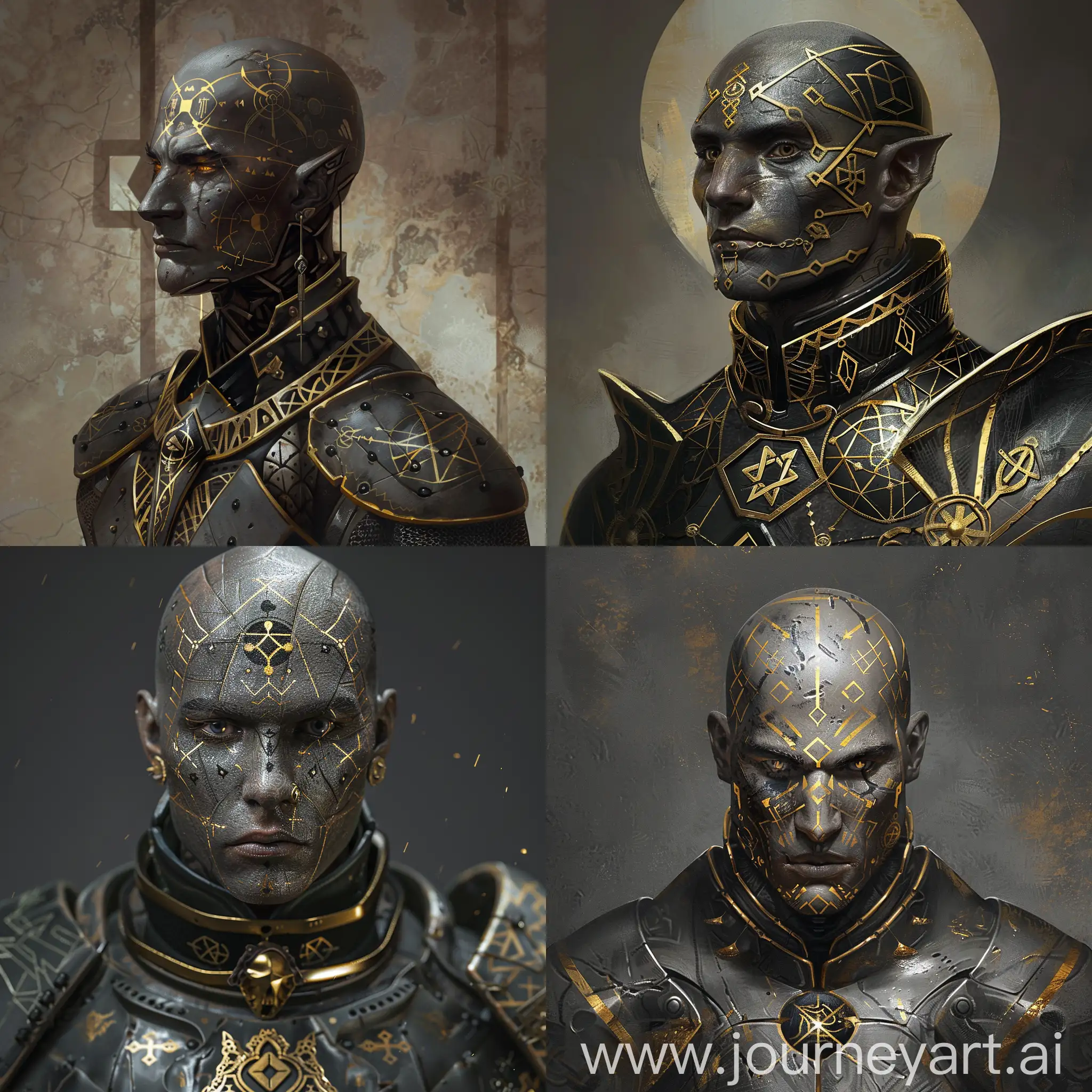 perfect bronze skin male, completely bald and shaved, his head is full of golden tattooes, golden latin symbols on his head and face, warrior cleric, there are black geometric symbols on his plate armor, fancy grey armor, with golden trim