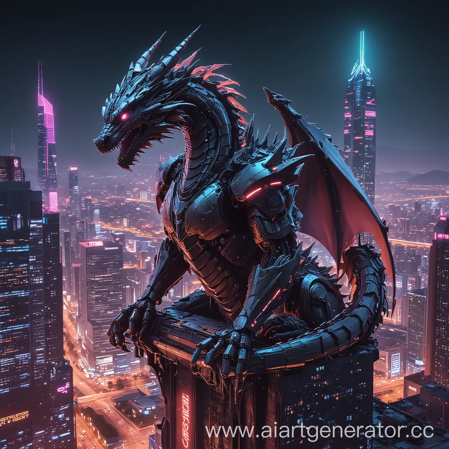 Cyber-Dragon-Perched-on-Neon-City-Skyscrapers-at-Night