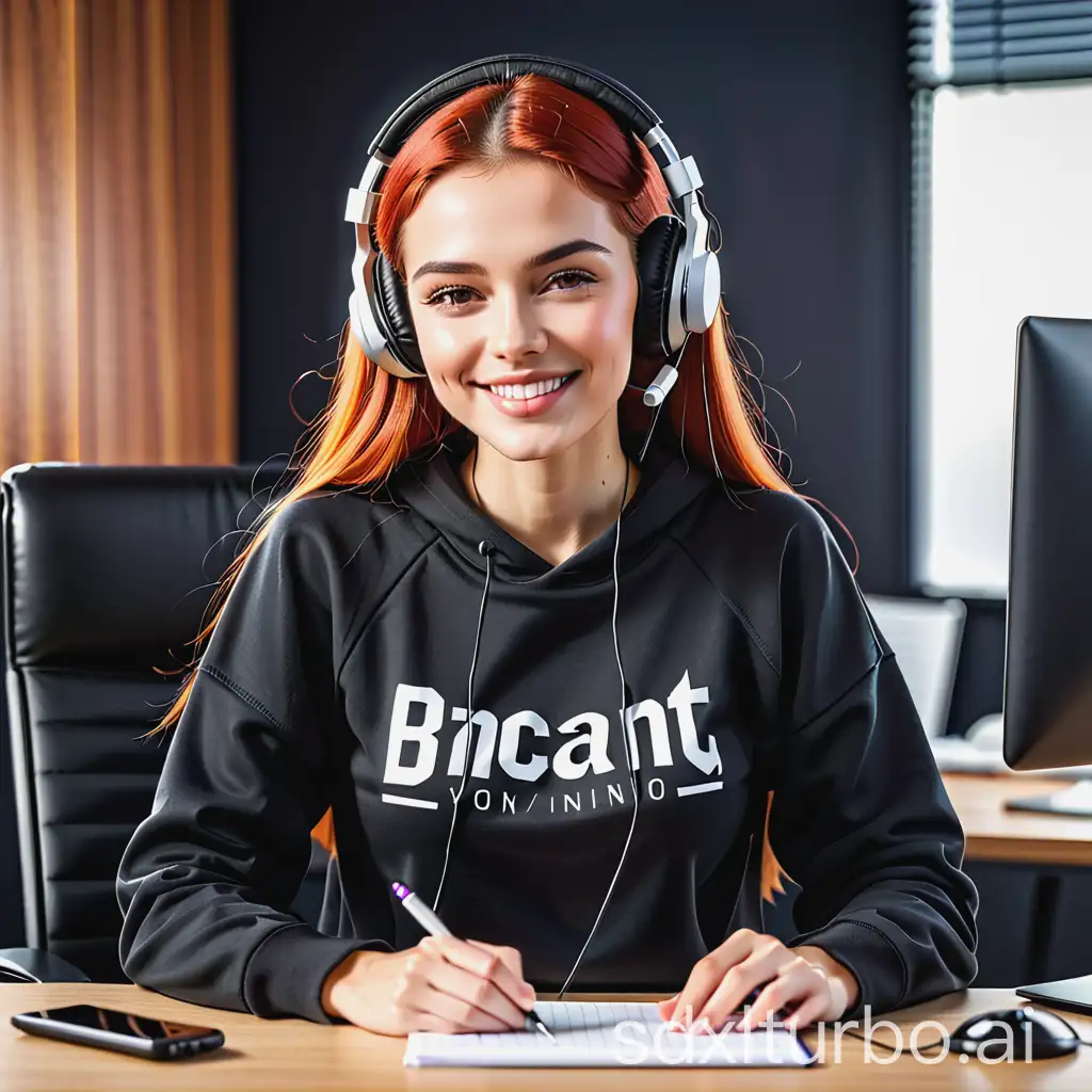 Podcasting lady with headphone and microphone, with smiling face in black sweatshirt, office background