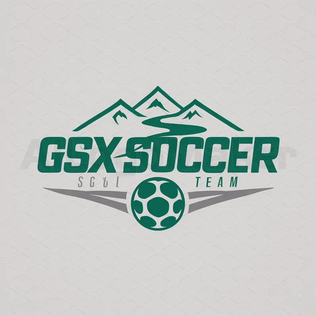 a logo design,with the text "GSX soccer team", main symbol:green soccer ball, mountains, river, sports style,Moderate,clear background